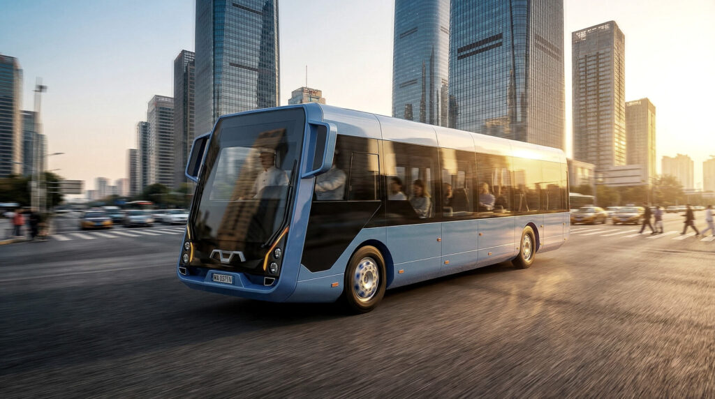 Render autobus urbano in movimento con skyline: concept bus moderno per trasporto pubblico, grandi vetrate, display di linea e design contemporaneo.