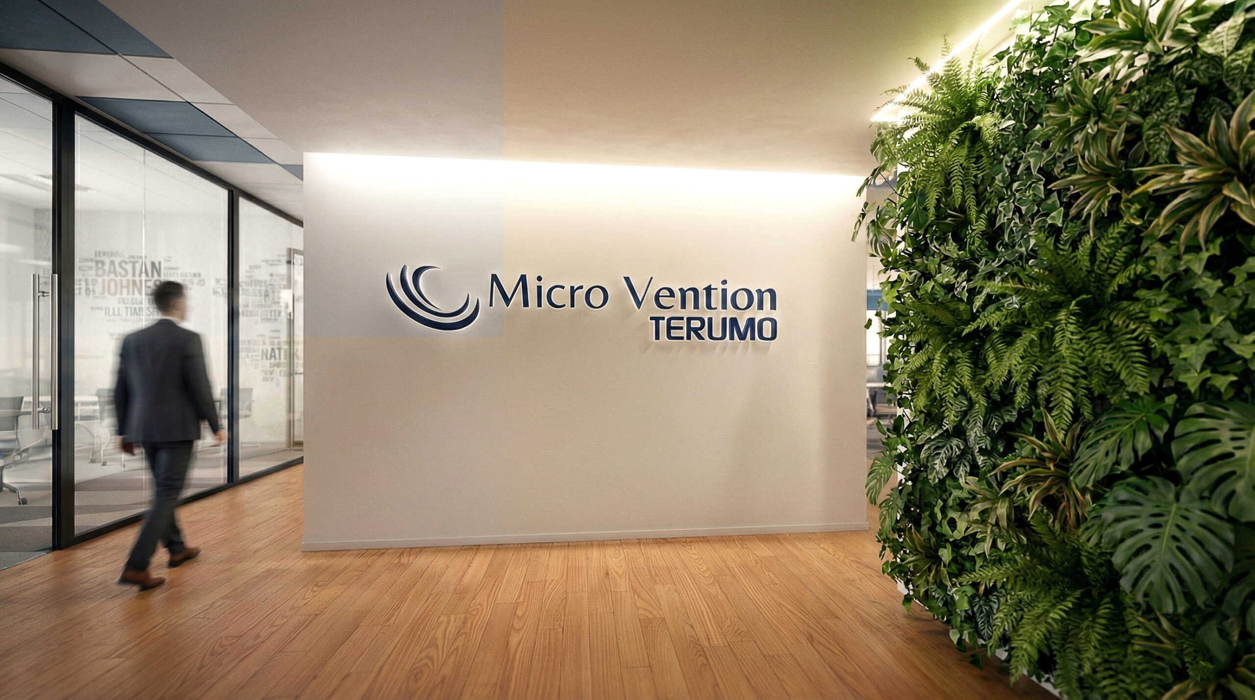 Ingresso uffici Terumo Neuro MicroVention con logo retroilluminato su parete bianca e grande parete verde con piante naturali.