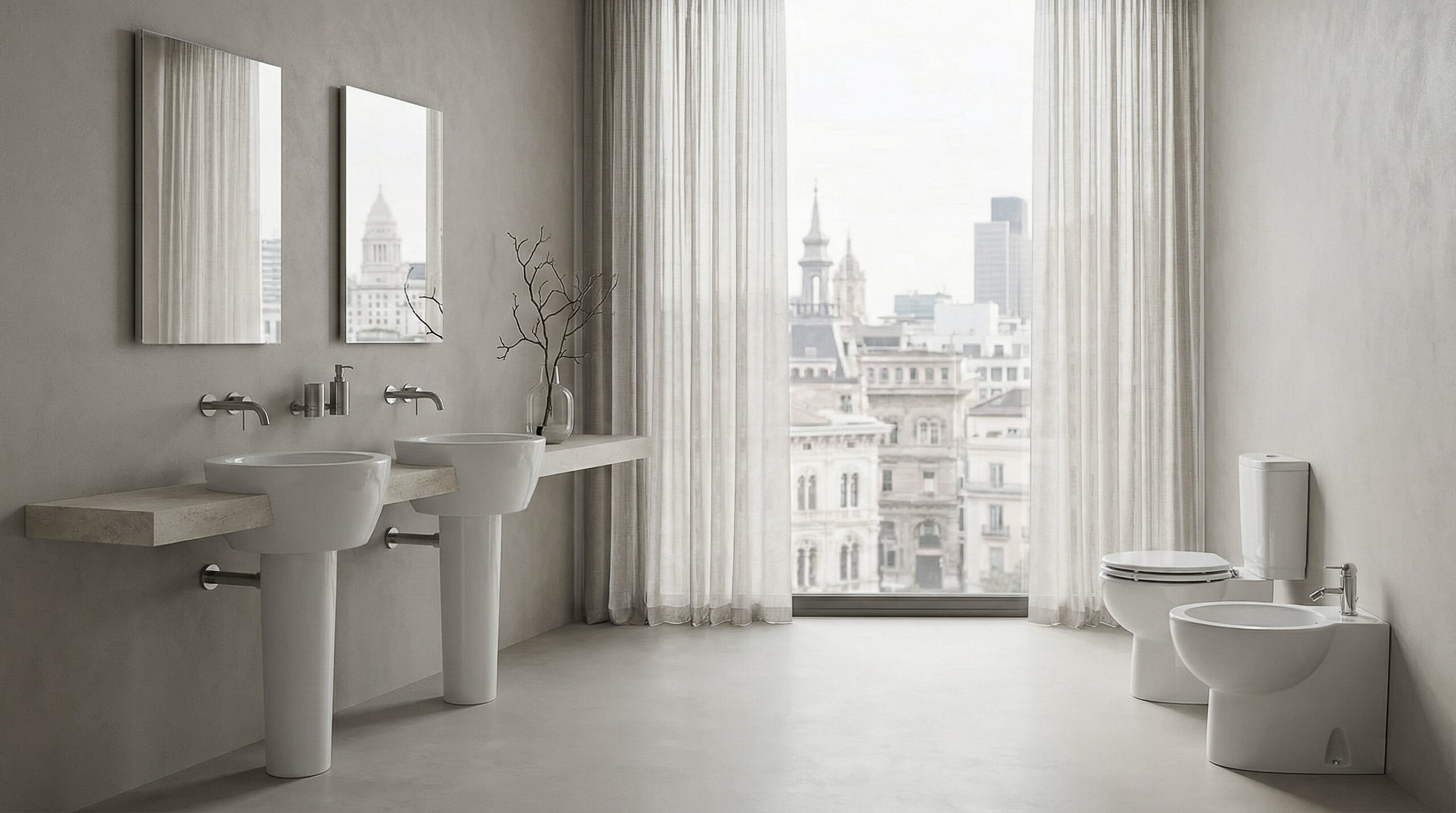 Due lavabi su colonna con piani in pietra e rubinetteria a parete in bagno moderno dal design minimal ed essenziale