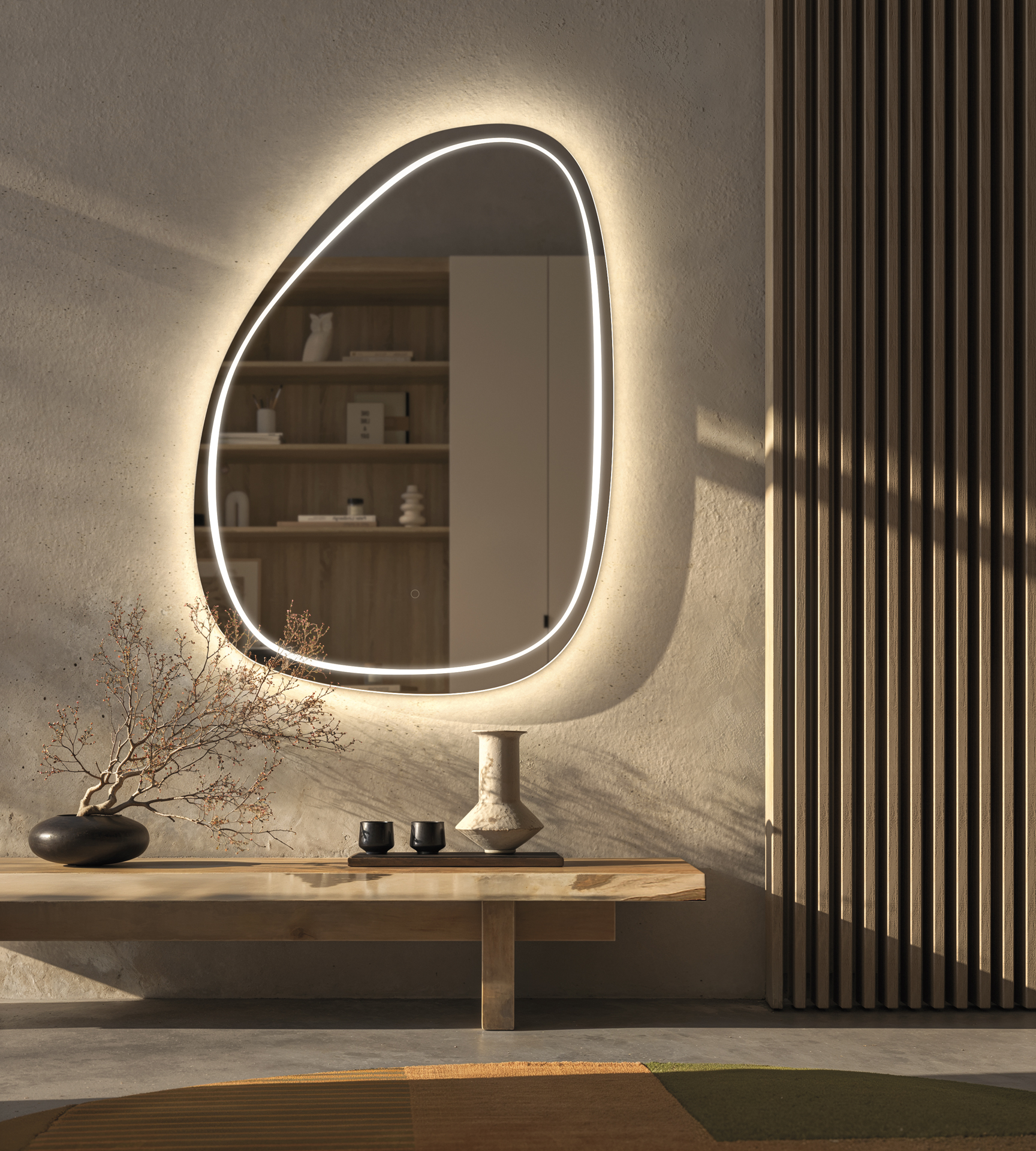 Cobblestone in ambiente domestico: controllo di intensità e temperatura, con segno luminoso modulabile. A specchio spento, la luce è invisibile.