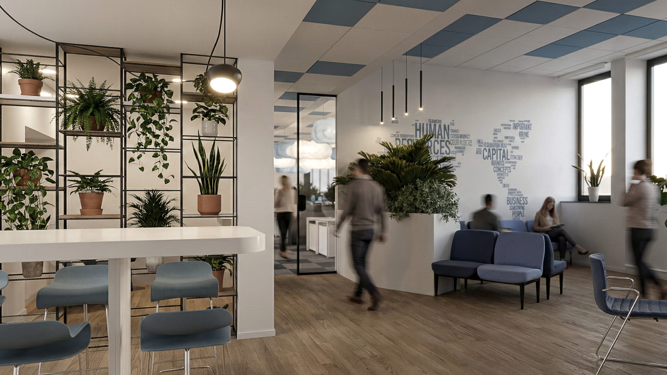 Area accoglienza uffici Terumo Neuro a Milano con tavolo alto, sedute blu e libreria metallica piena di piante, esempio di biophilic design operativo.