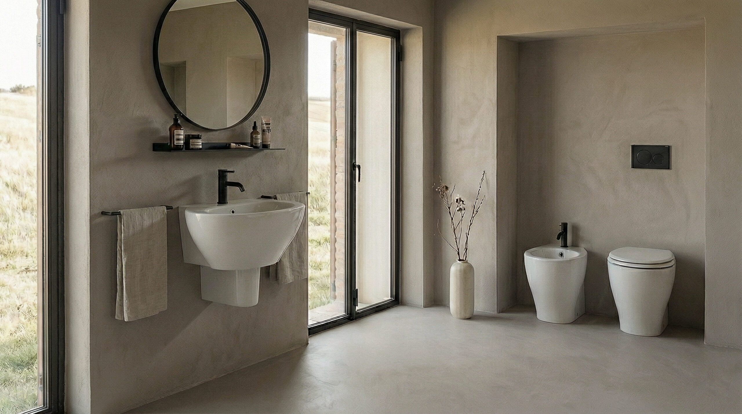 Lavabo sospeso e sanitari in ceramica in bagno moderno dai toni caldi e neutri con luce naturale