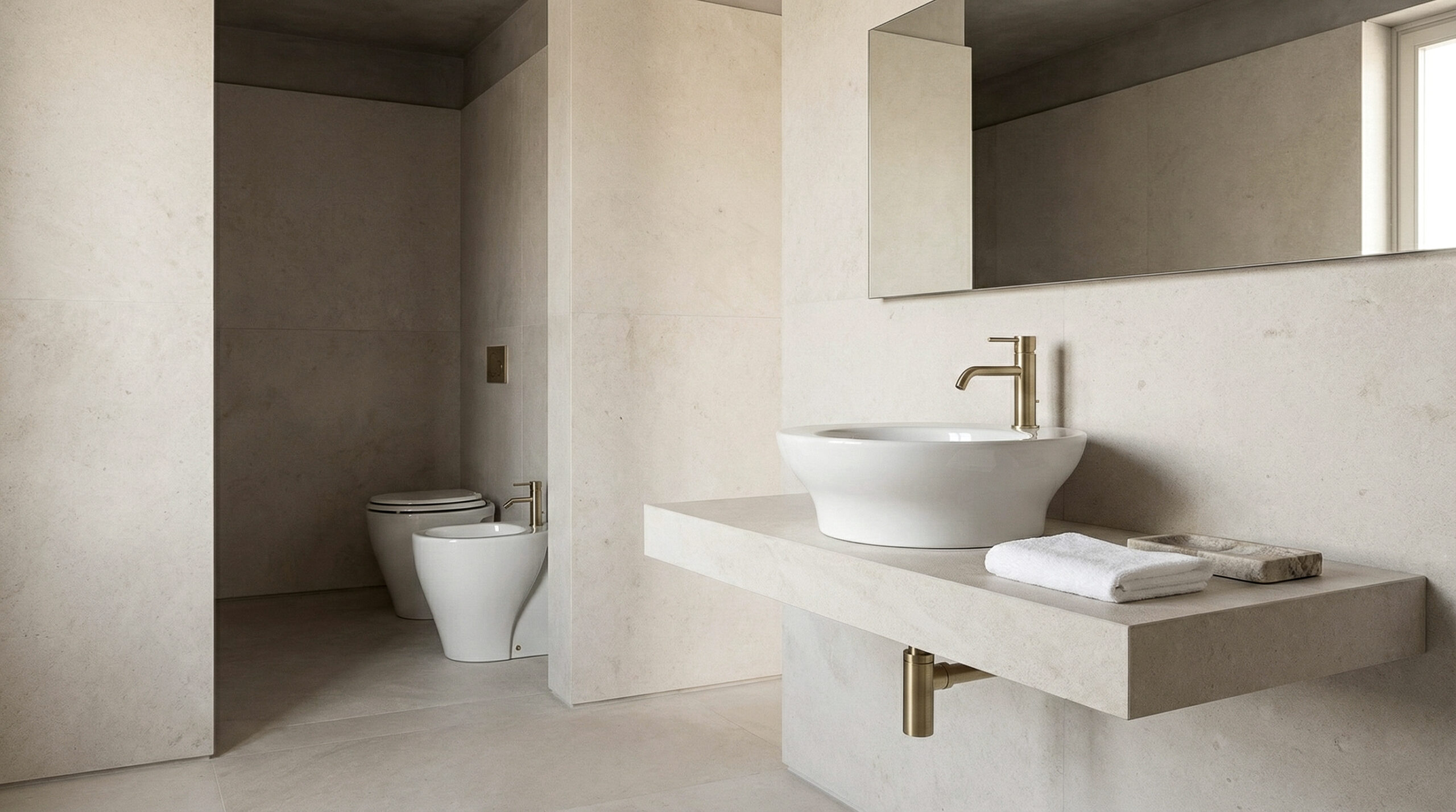Lavabo d’appoggio su mensola in pietra con rubinetteria metallica e sanitari in nicchia in bagno moderno di design