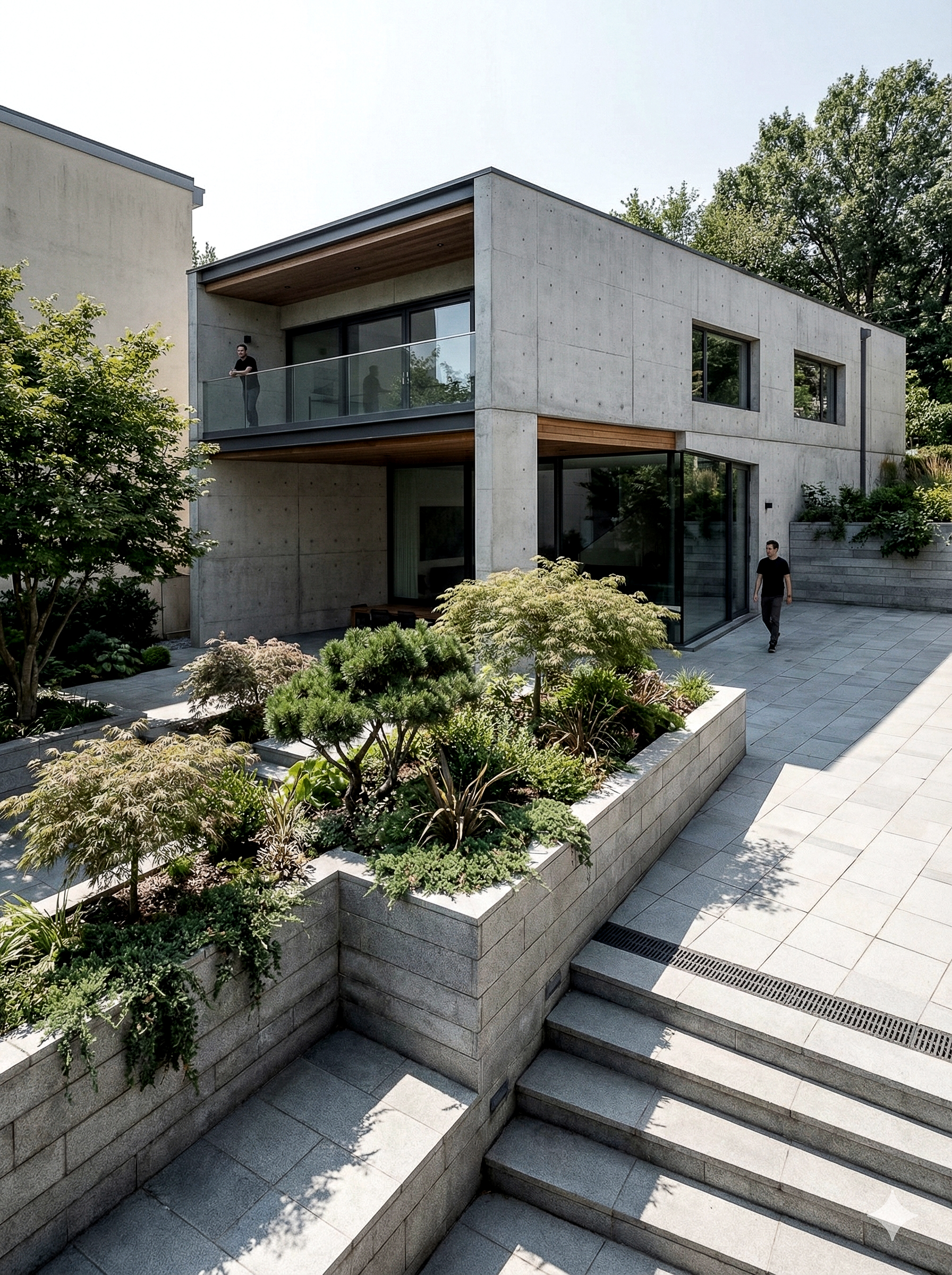 Corte interna riprogettata con verde in vasca e percorsi pedonali a servizio della villa urbana.