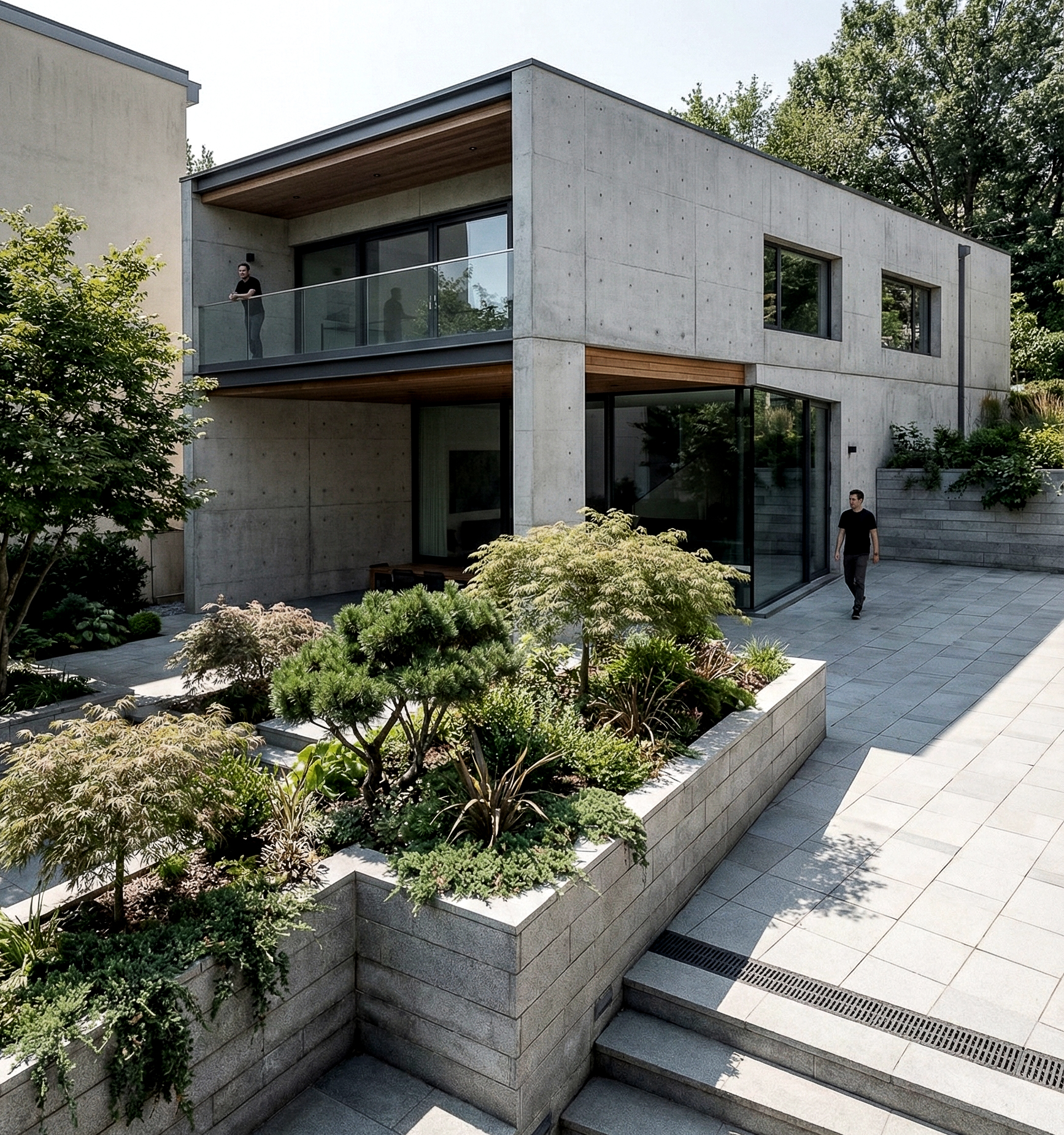 Corte interna riprogettata con verde in vasca e percorsi pedonali a servizio della villa urbana.