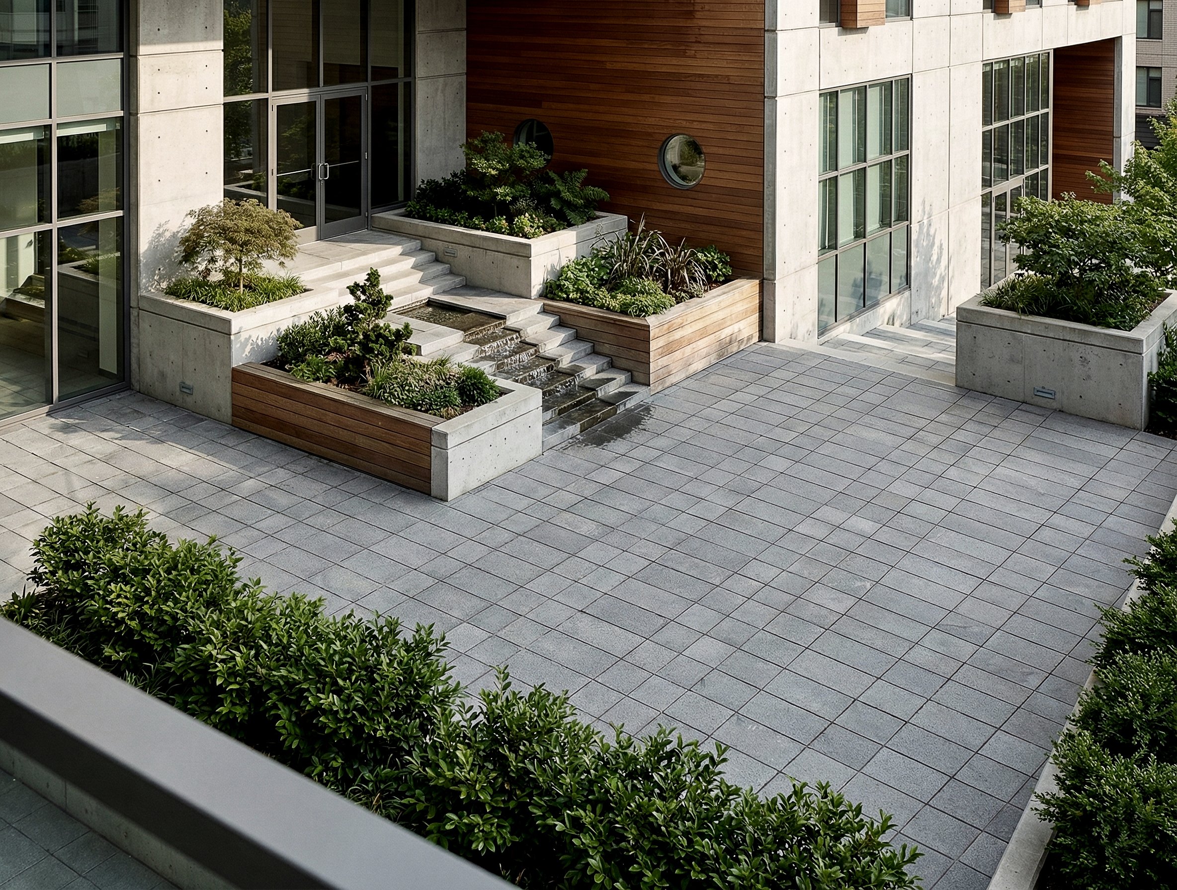 Dettaglio della corte: vasche in calcestruzzo e legno, scala e sequenza di soglie tra interno ed esterno.