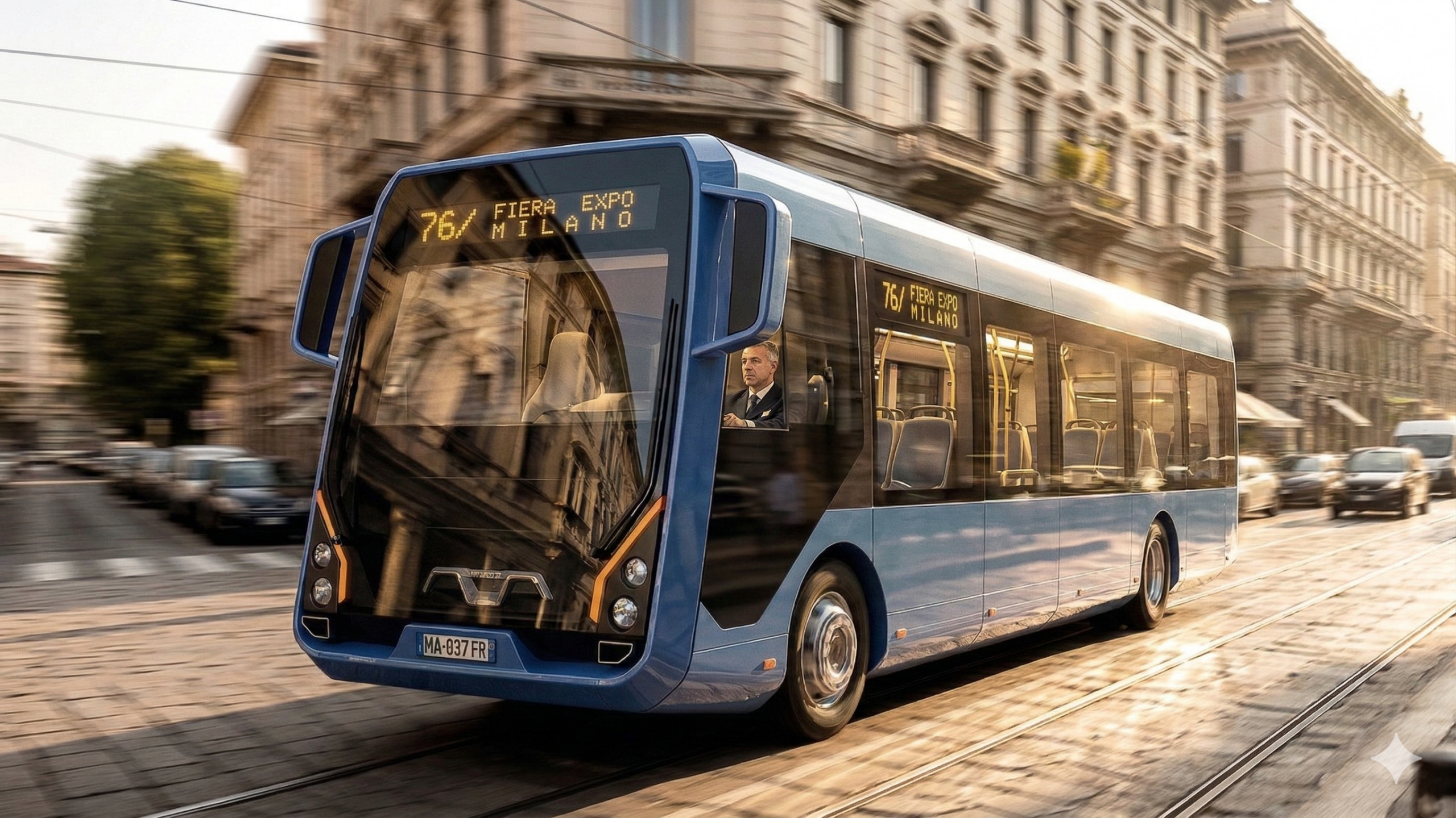 Render bus urbano concept su strada cittadina: autobus moderno a vetratura ampia, carrozzeria compatta e design sostenibile per trasporto pubblico.