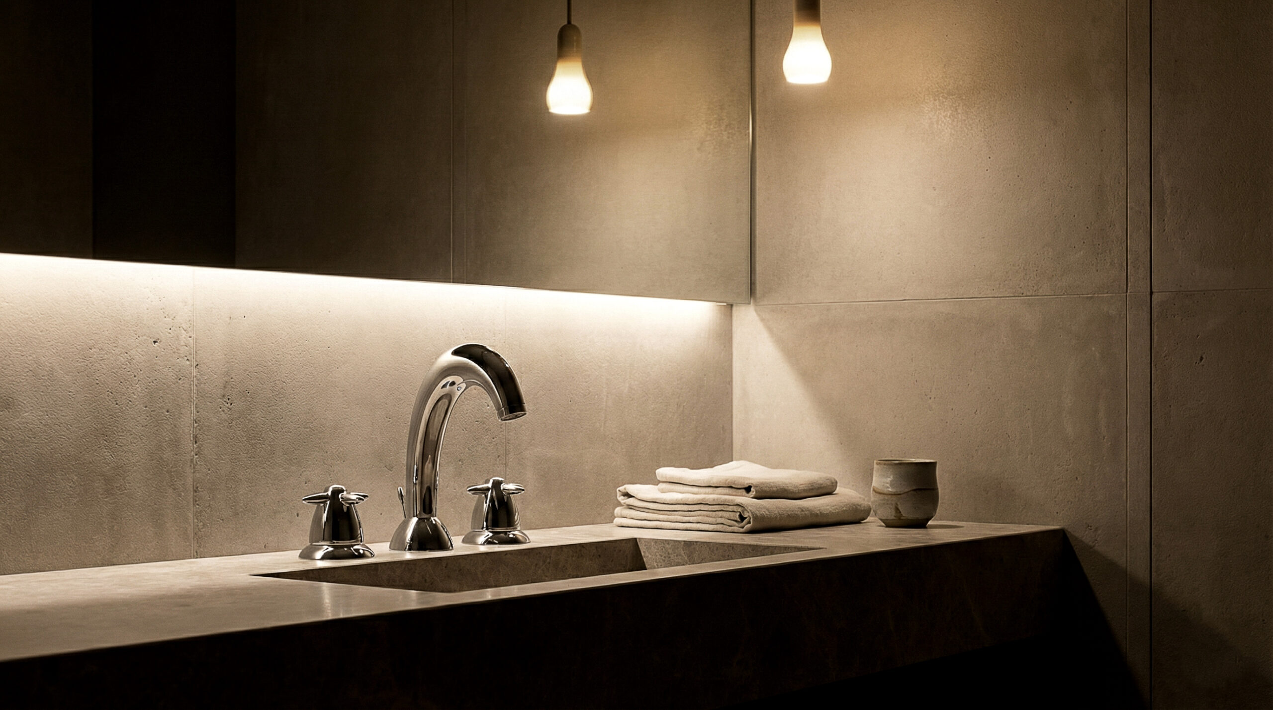 Rubinetteria Compass in finitura cromata su lavabo integrato, ambiente minimale con illuminazione soffusa.