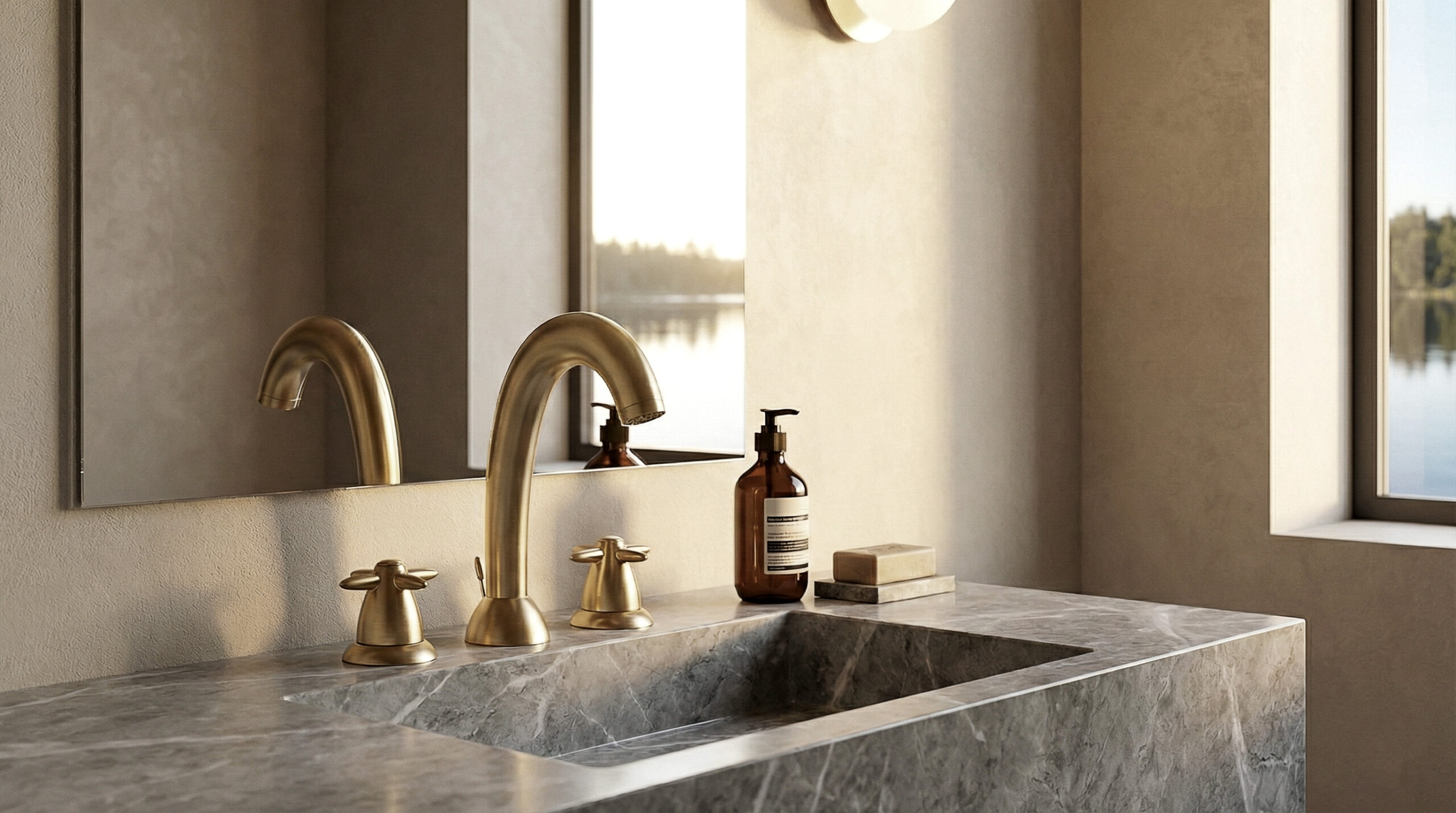 Rubinetteria Compass in finitura calda su lavabo in pietra, ambiente bagno con luce naturale.