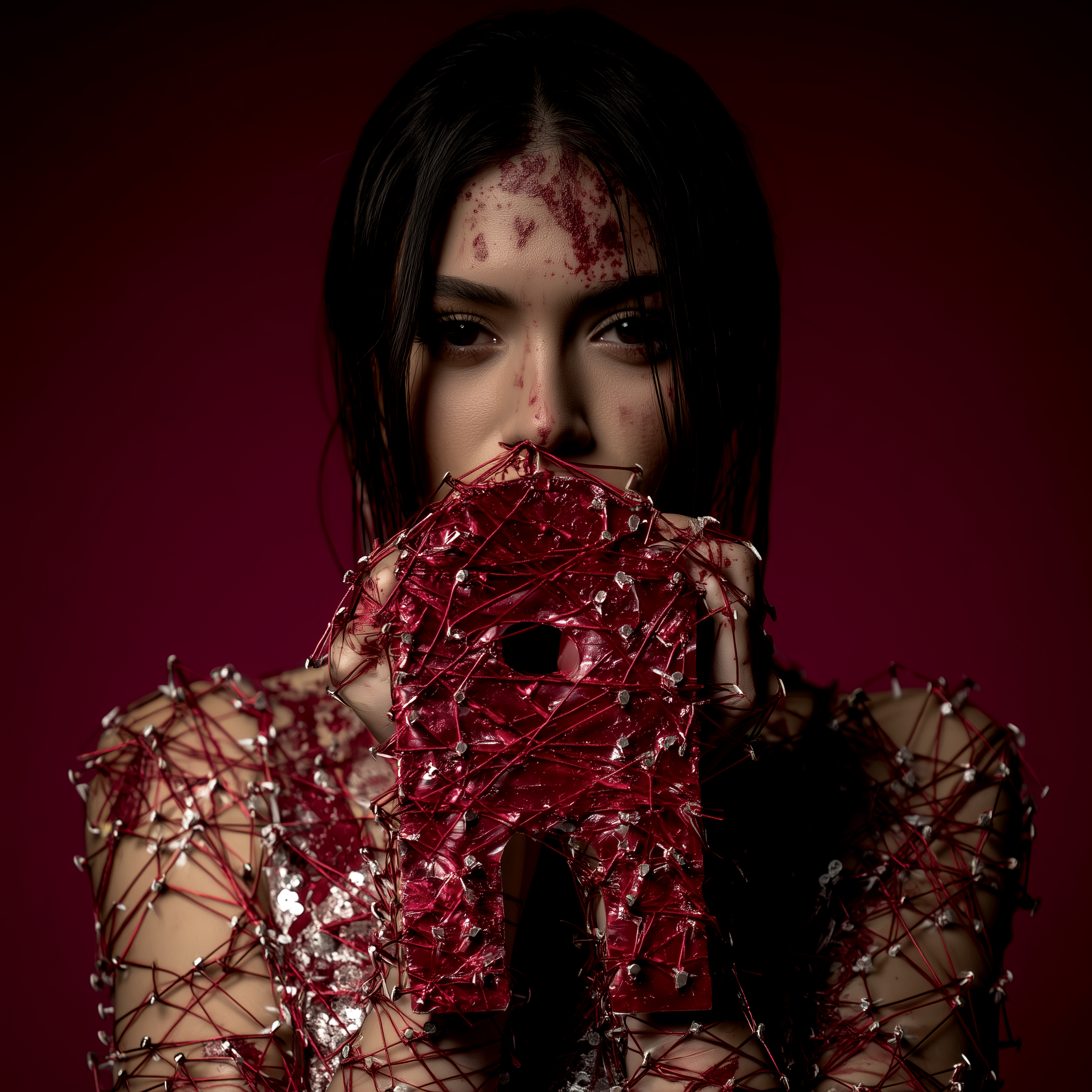 Ritratto concettuale con elemento a forma di casa rossa intrecciata a fili; sfondo scuro.