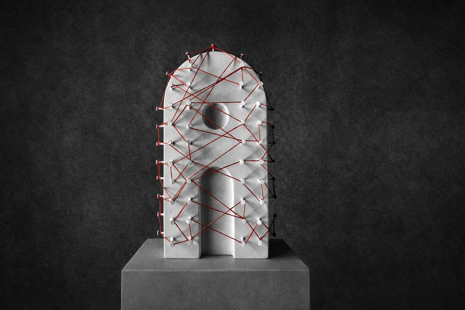 Scultura a forma di casa bianca con chiodi e filo rosso intrecciato su sfondo scuro.