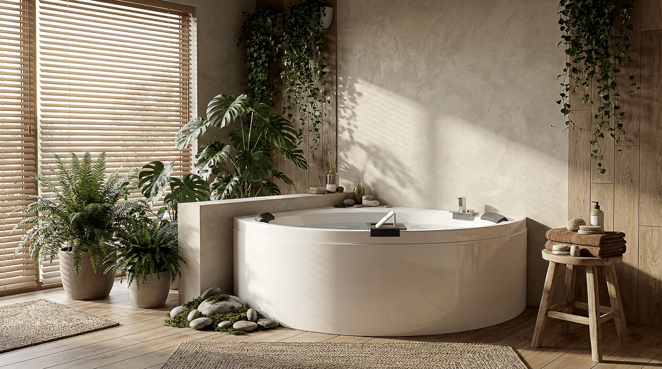 Vasca Divina angolare inserita in bagno con luce naturale e piante verdi, bordo inclinato illuminato