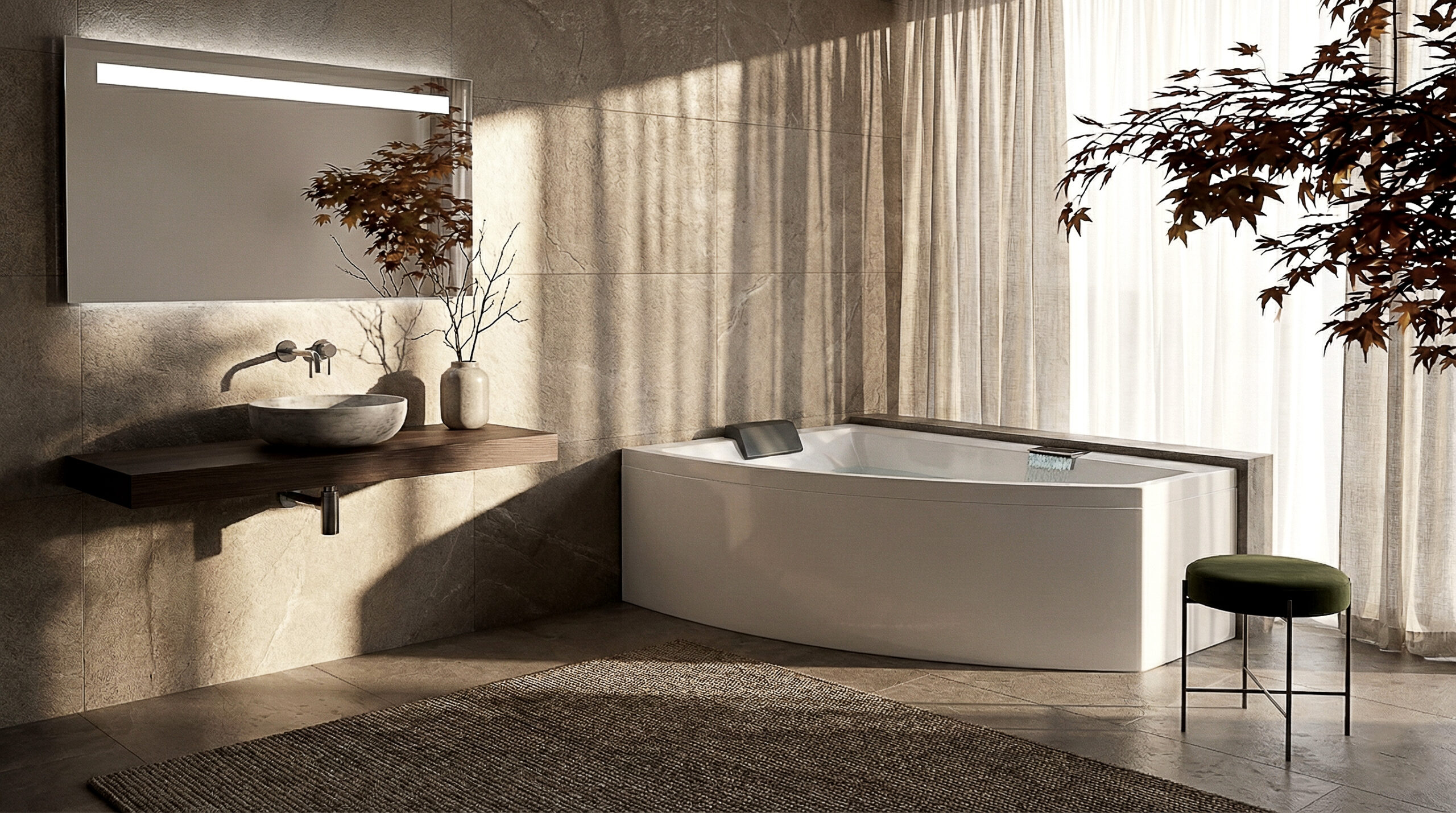 Vasca Divina asimmetrica in ambiente bagno con rivestimento in pietra e tendaggio filtrante