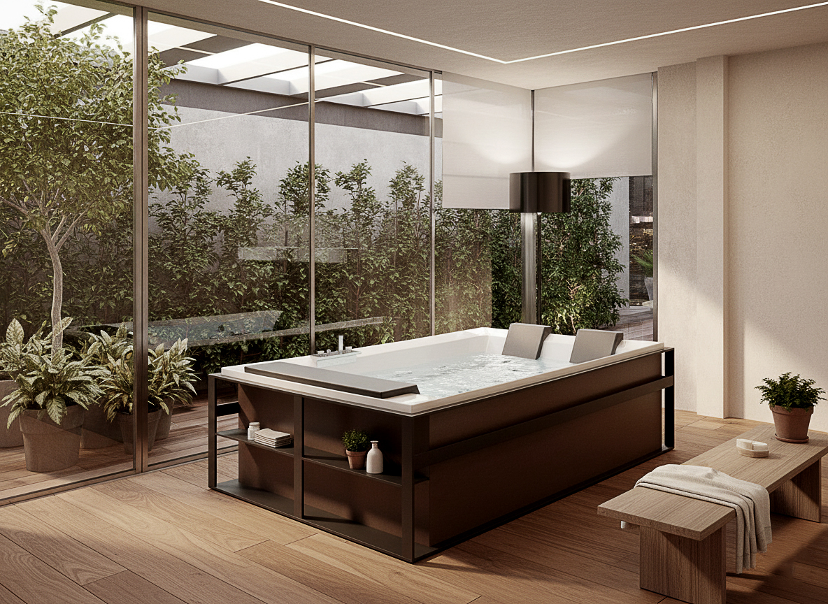 Vasca Divina Dual per due persone con struttura perimetrale attrezzata e poggiatesta contrapposti