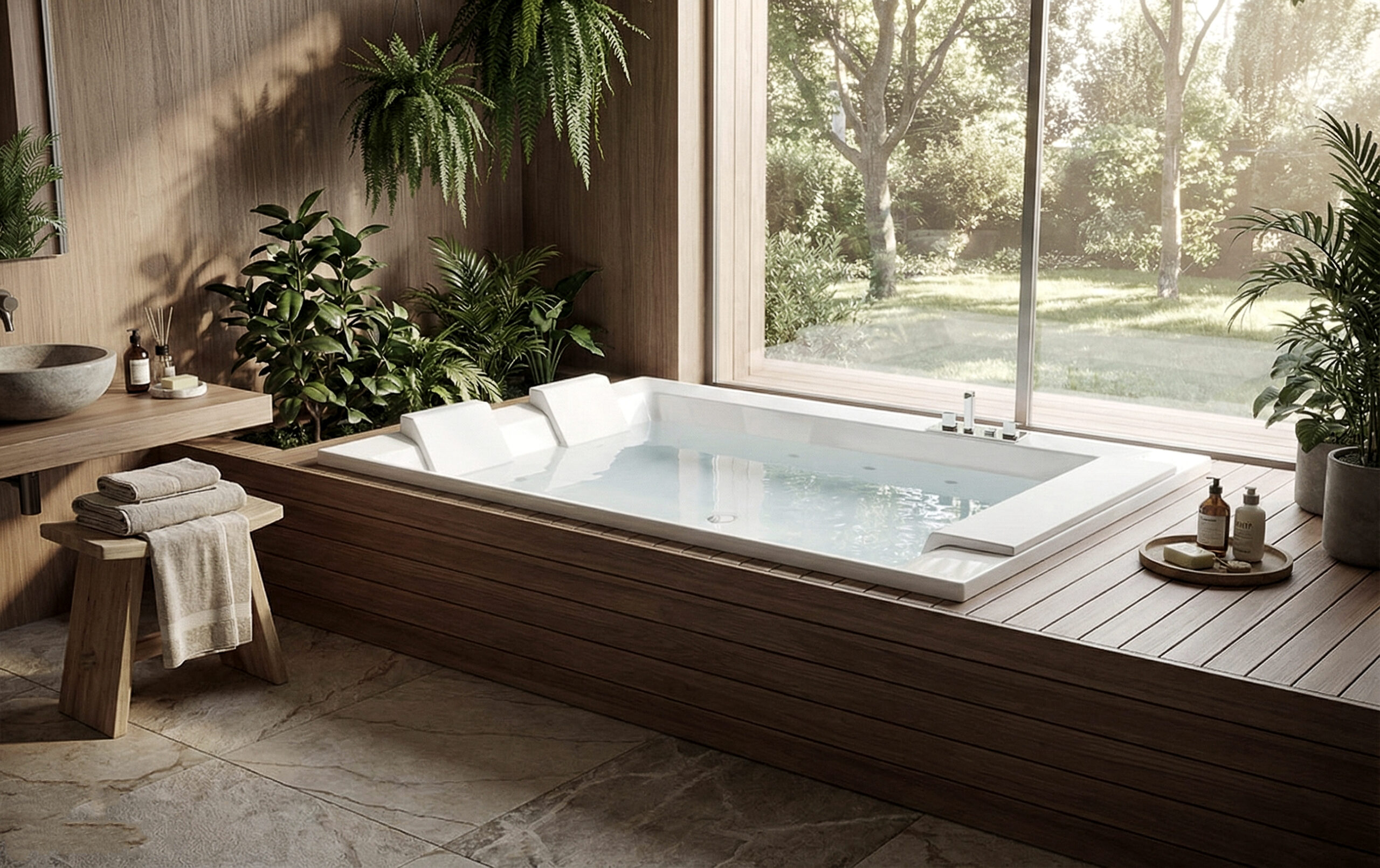 Vasca Divina Dual incassata in pedana in legno con tre poggiatesta e ampia superficie d’acqua