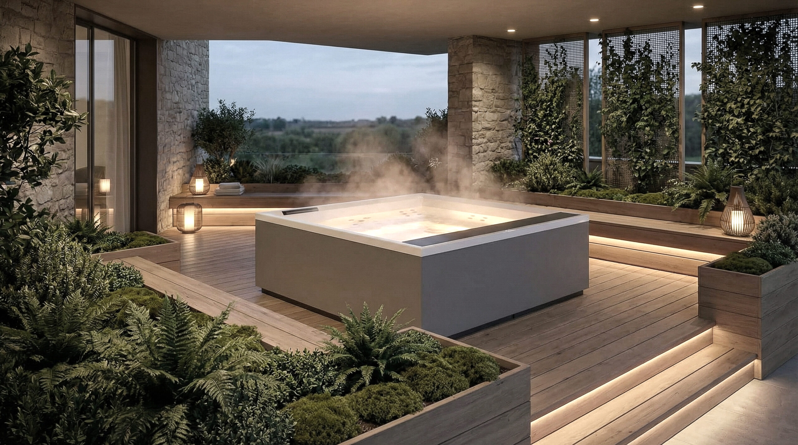 Minipiscina Divina Outdoor su terrazza con rivestimenti in pietra e decking in legno, atmosfera serale