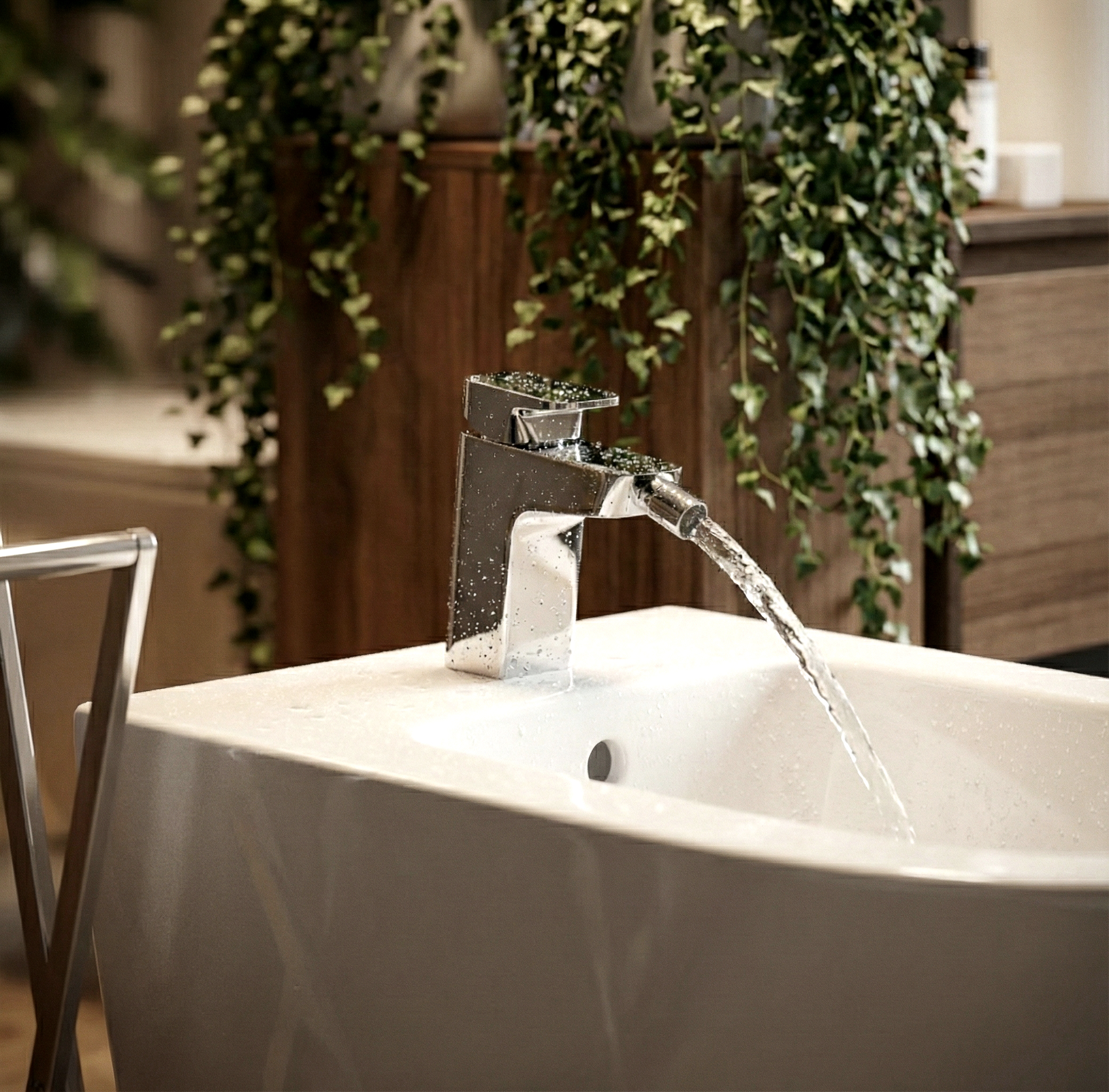 Miscelatore bidet Serie D per Novellini: forma compatta con taglio frontale inclinato, finitura metallica, ambiente bagno.