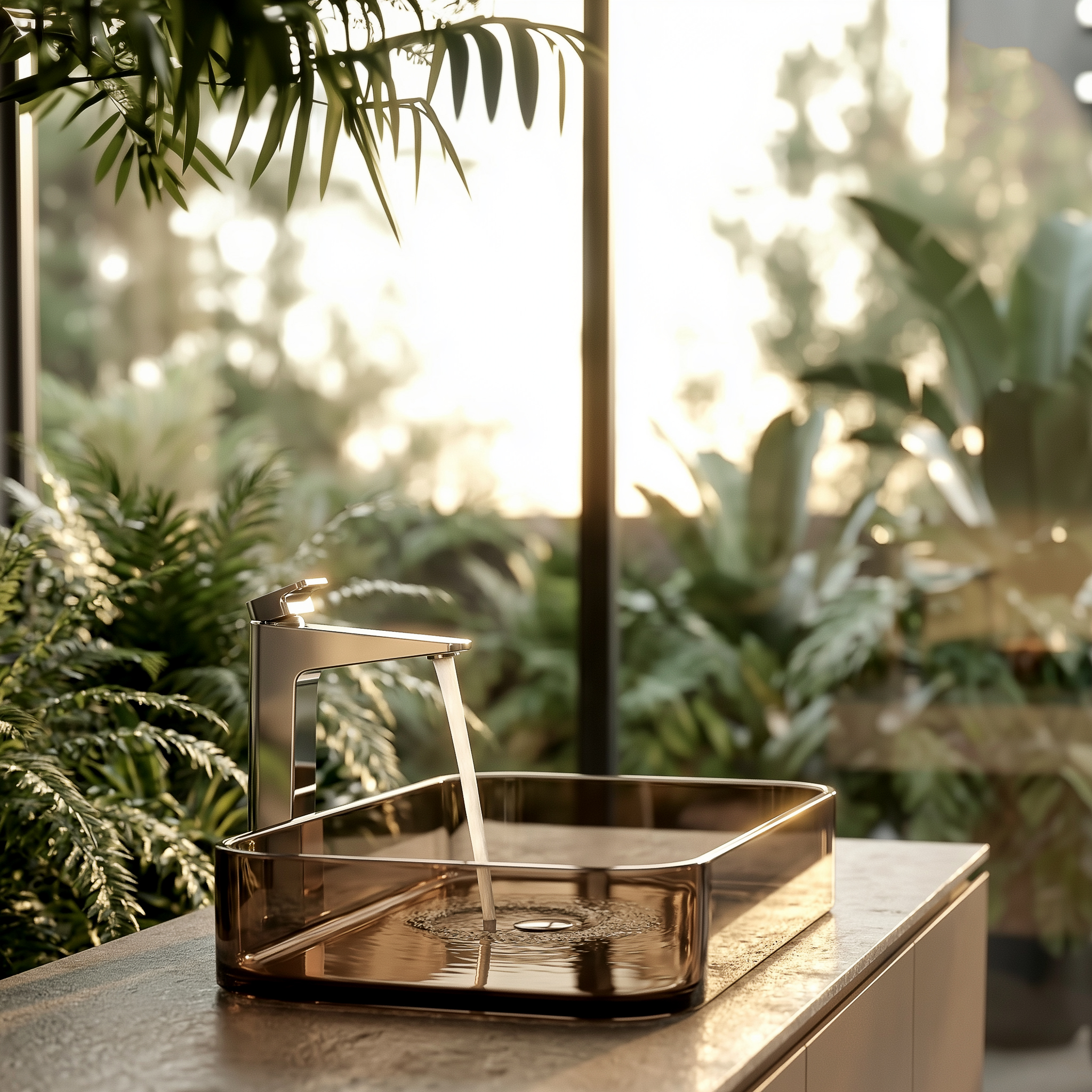 Miscelatore lavabo alto Serie D per Novellini: corpo slanciato e leva superiore, finitura metallica, ambientazione bagno con luce calda.