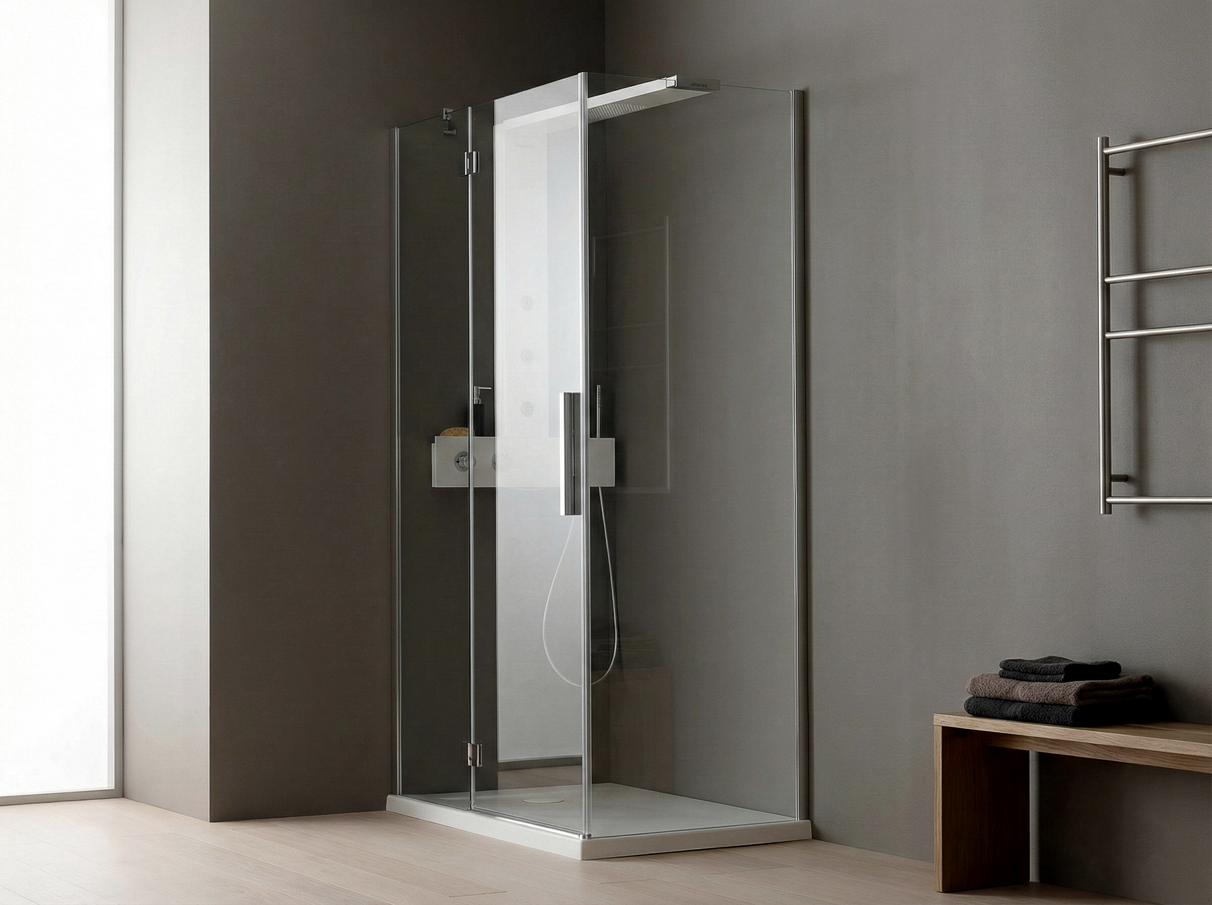 Dettaglio del box doccia Extend in uso, linea orizzontale integrata e area doccia.