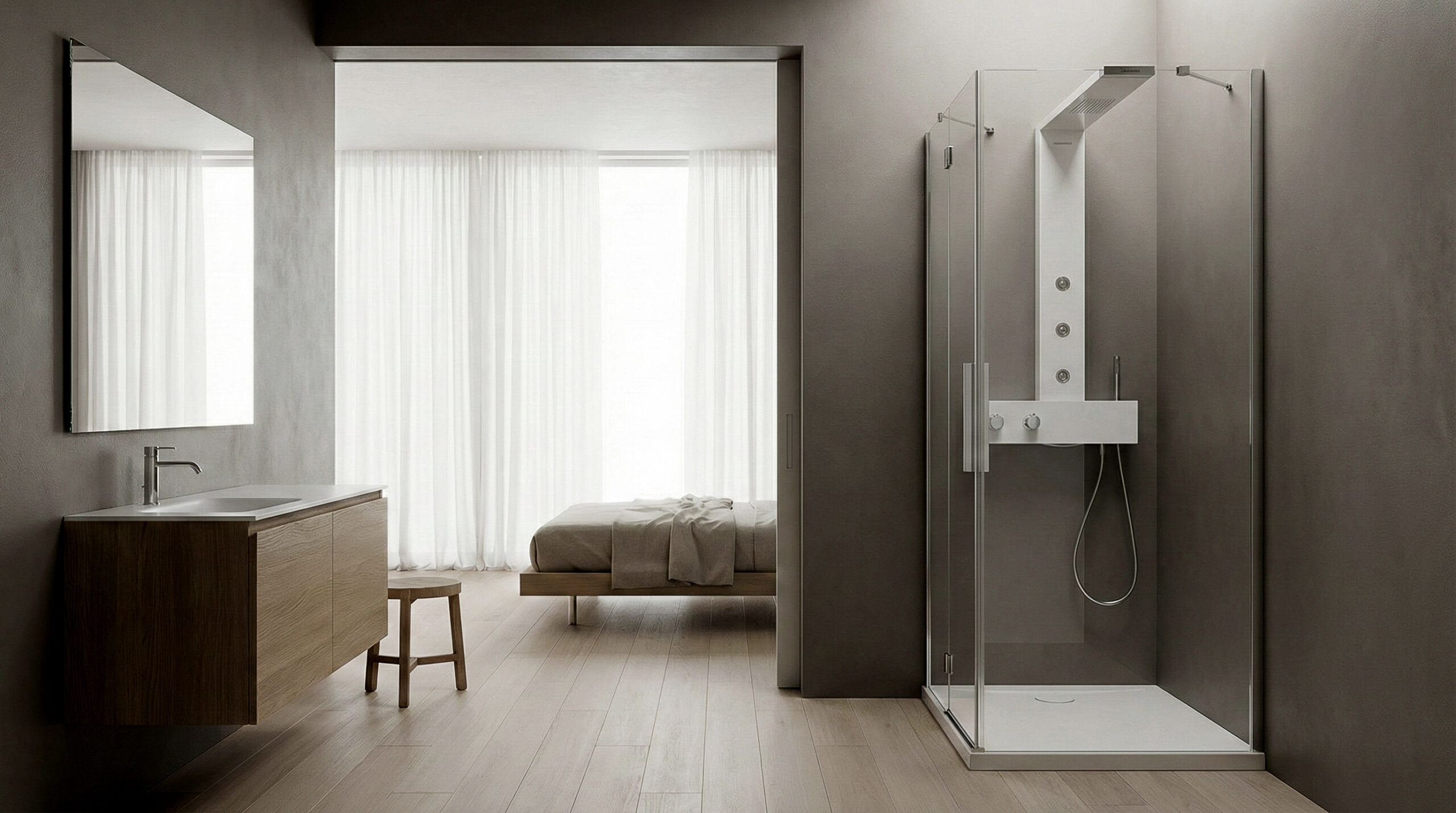 Box doccia Extend in ambiente contemporaneo, presenza leggera e rigorosa con vetro e Corian.