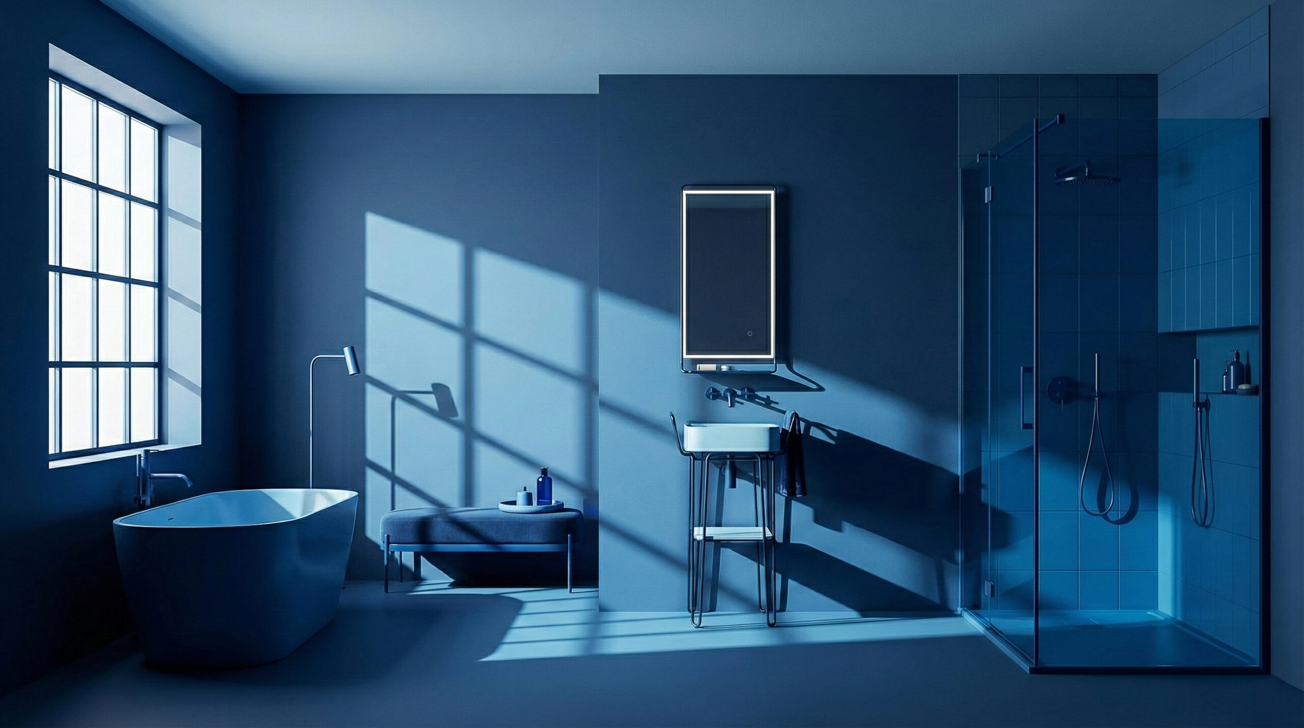 Ambientazione. Handy System inserito in un loft: il telaio disegna lo spazio, il bacino in solid surface appare come un elemento sospeso.