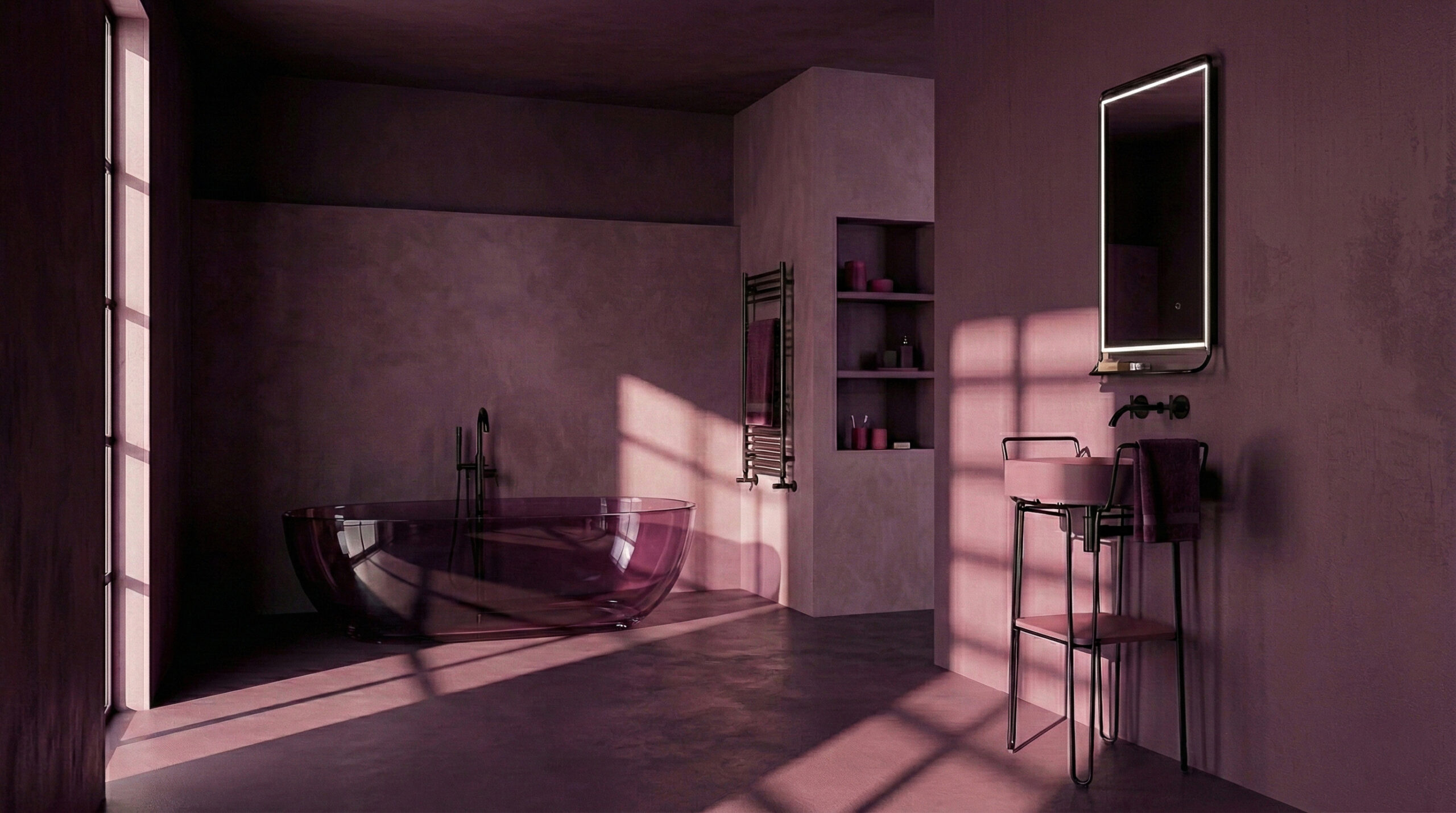 Ambientazione. Handy System inserito in un bagno domestico: il telaio disegna lo spazio, il bacino in solid surface appare come un elemento sospeso.