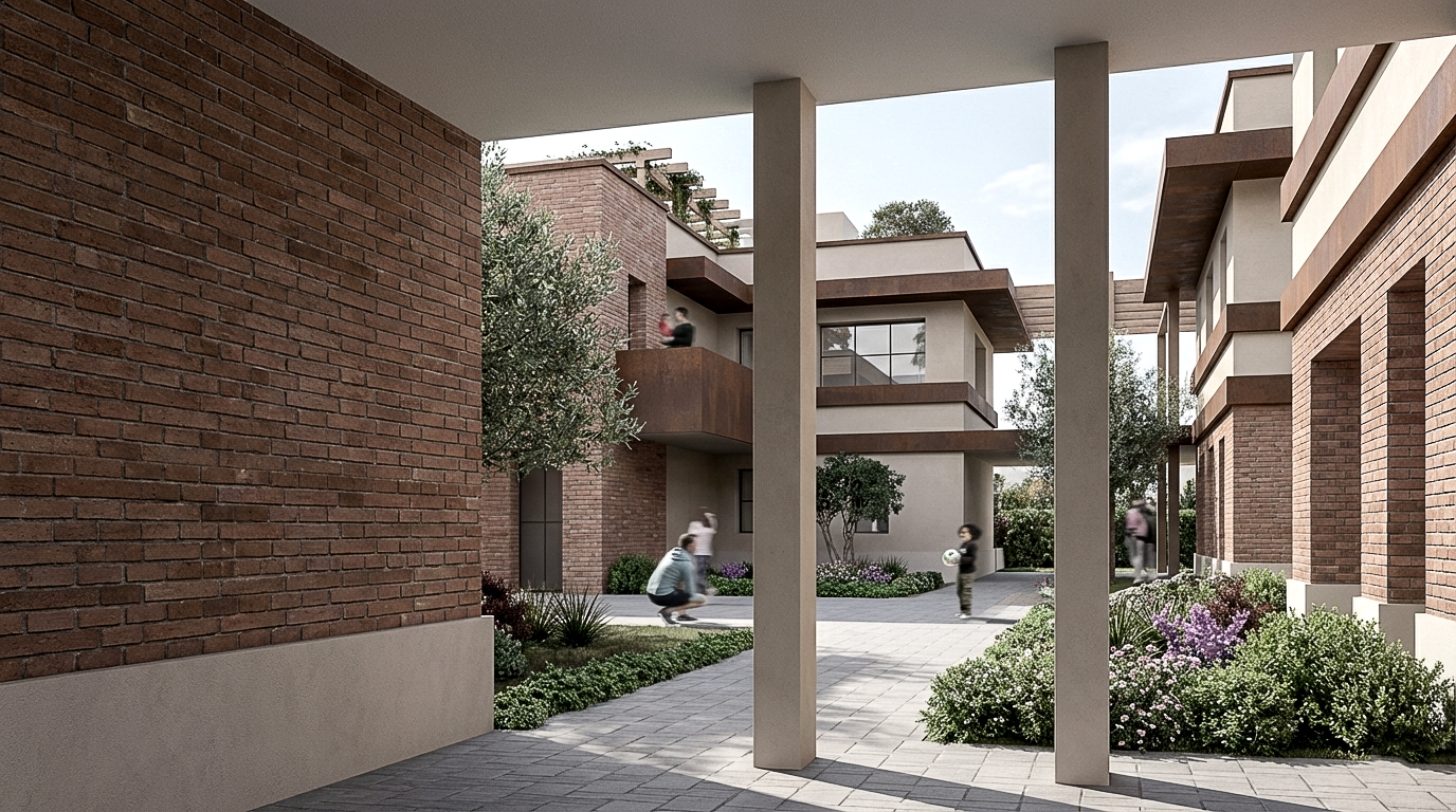 Corte interna e percorsi pedonali: uno spazio di relazione protetto, dove la vegetazione e le proporzioni guidano una vita quotidiana lenta e condivisa.