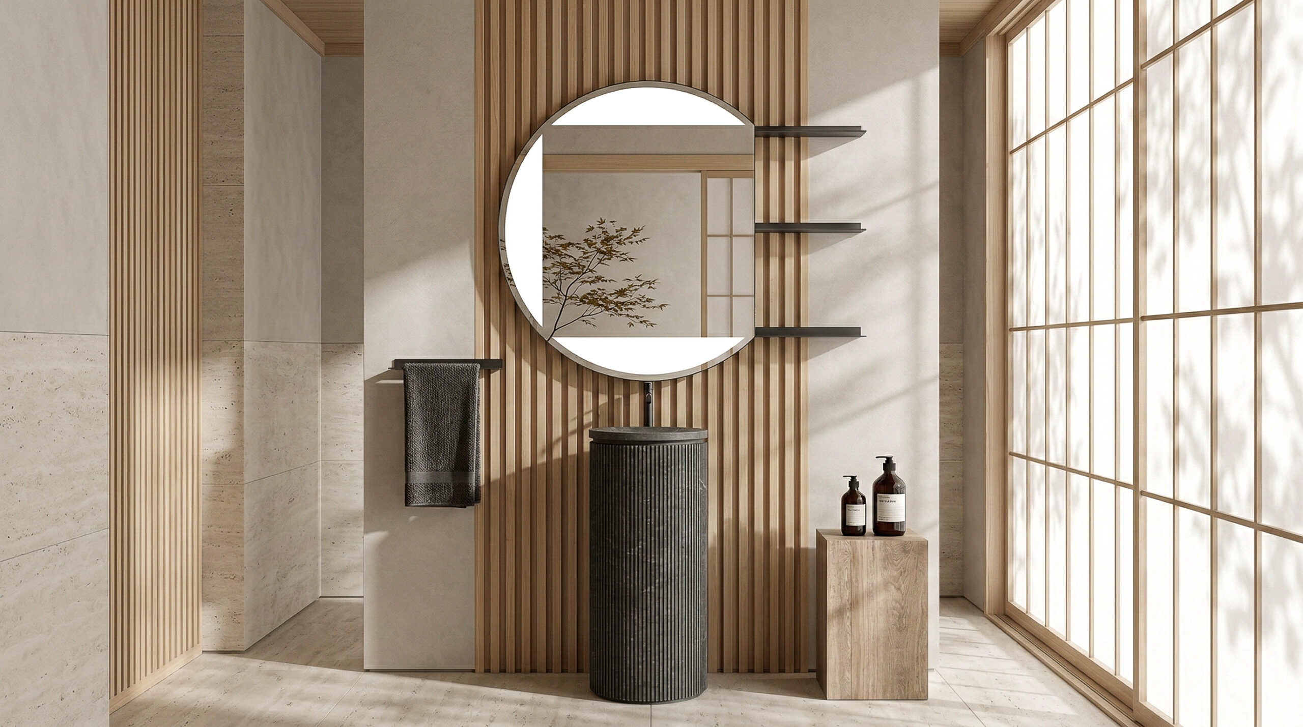 Specchio Key Round con mensole laterali a destra e illuminazione attiva; lavabo cilindrico e pannelli scorrevoli in legno sullo sfondo.