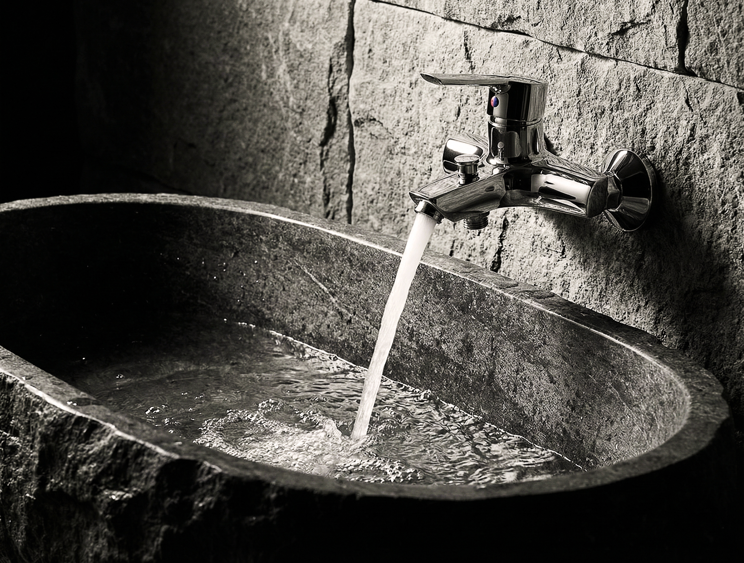 Miscelatore a parete New Way per vasca con getto d’acqua su vasca in pietra.