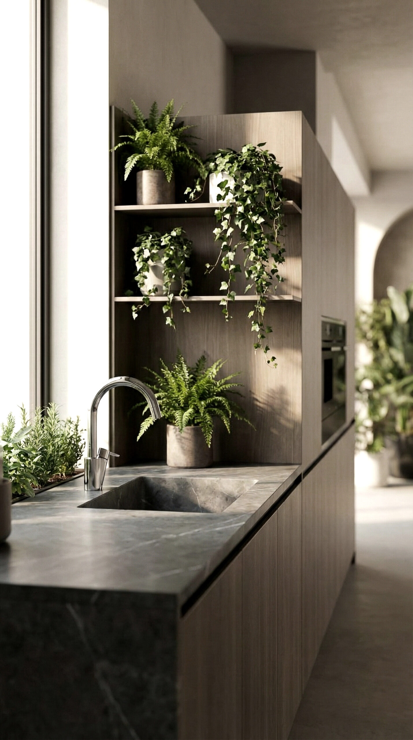 Rubinetto cucina New Way con bocca di erogazione alta ad arco, installato su piano in pietra.