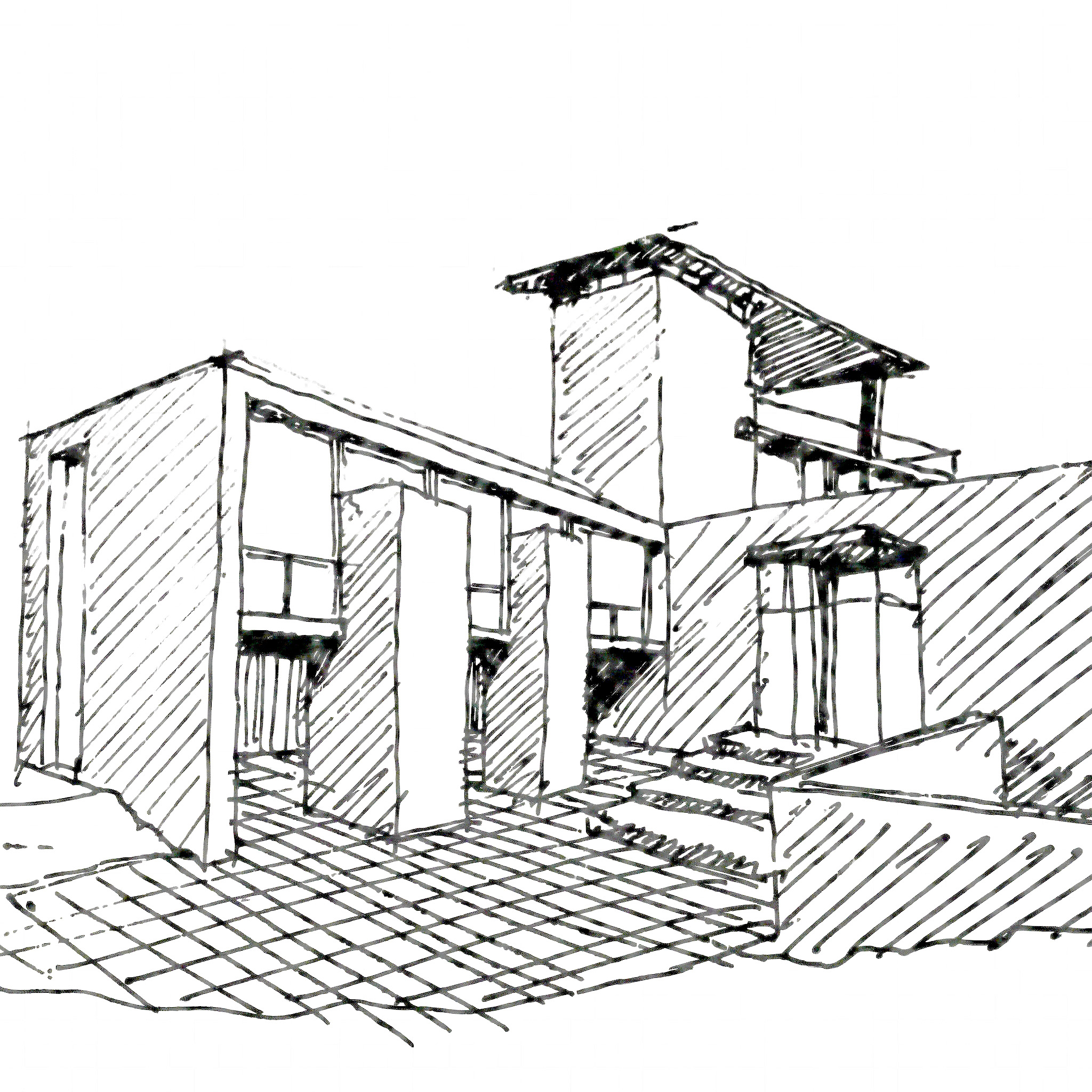 Schizzo della corte della villa: porticati, aperture e relazione interno-esterno.