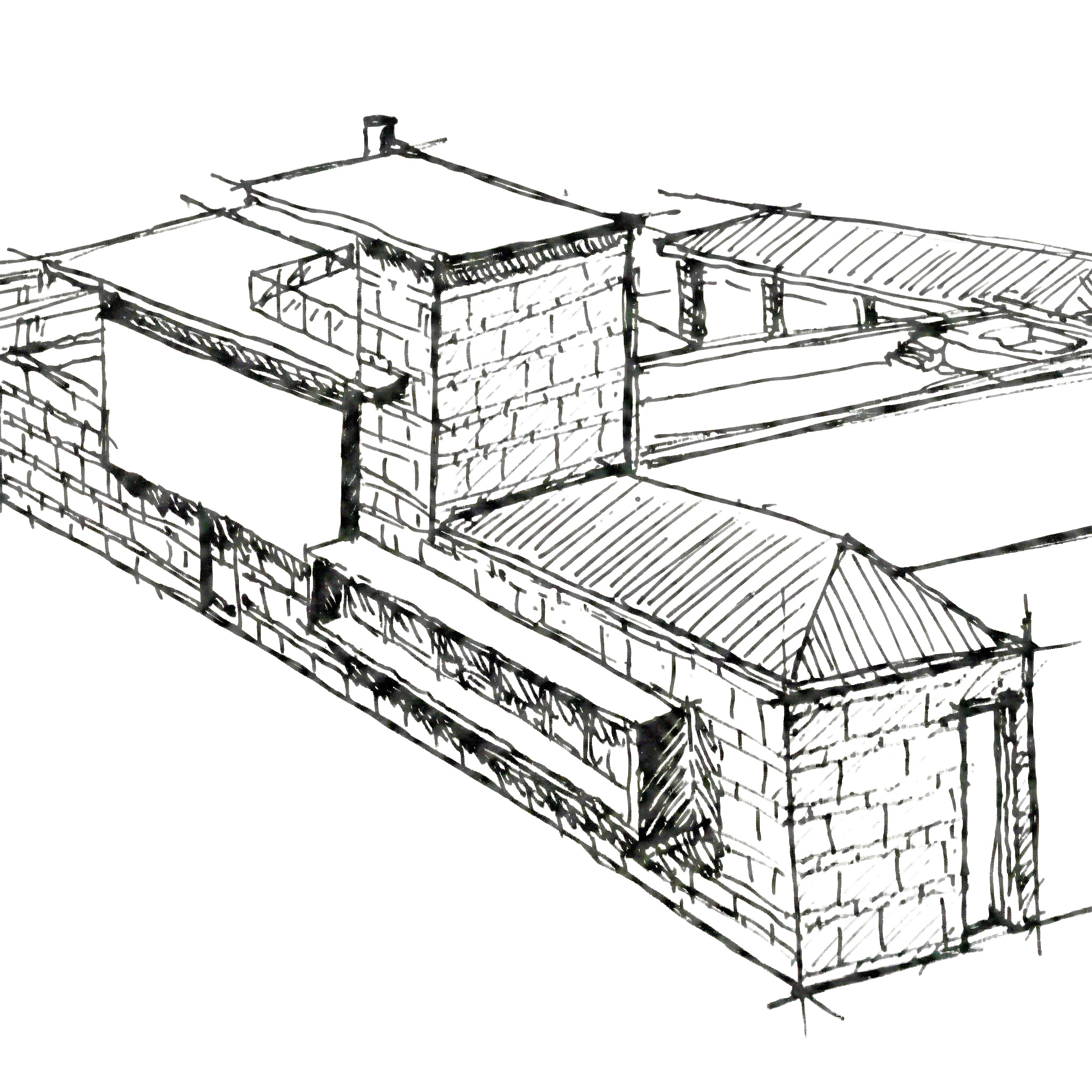 Schizzo architettonico della villa: composizione per volumi e sviluppo orizzontale.