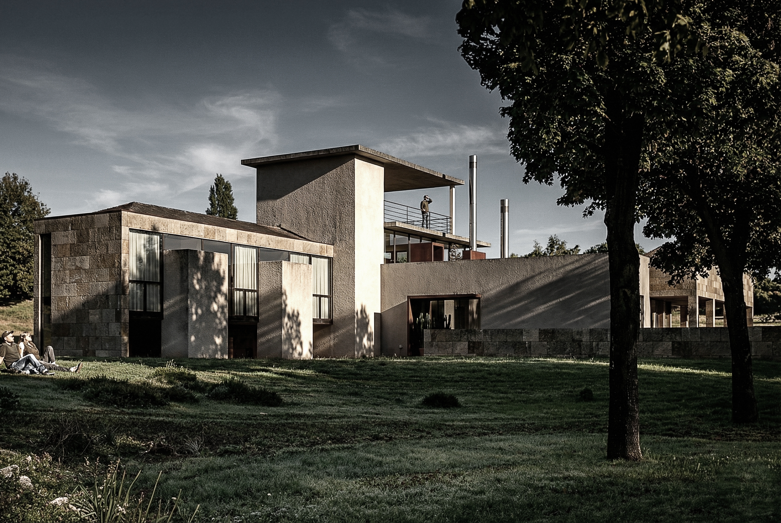 Architettura residenziale a Verona: volumi sobri e corpo emergente, inserimento nel paesaggio delle campagne.