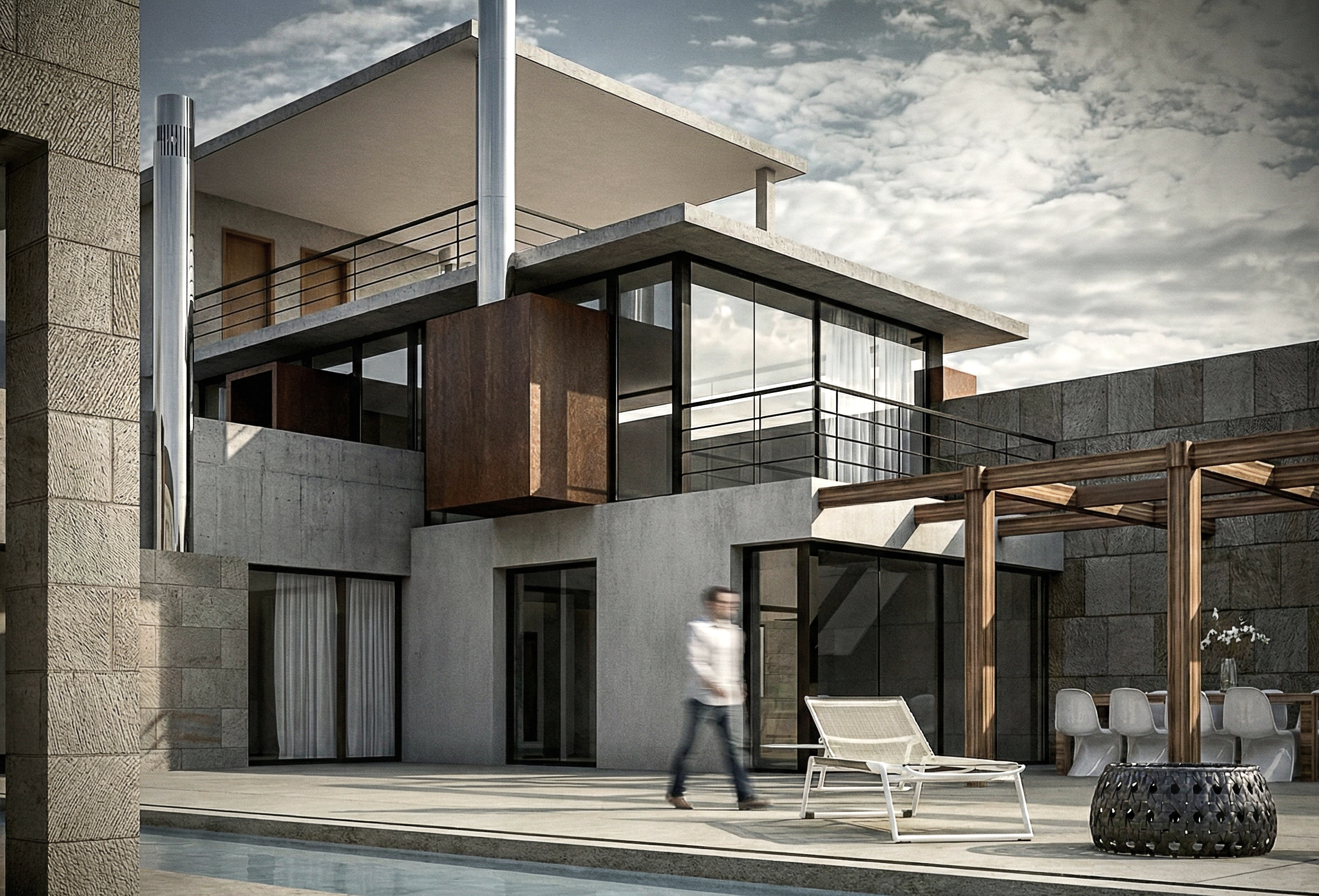 Dettaglio architettonico: volume a sbalzo con rivestimento metallico e vetrate, pergolato in legno.