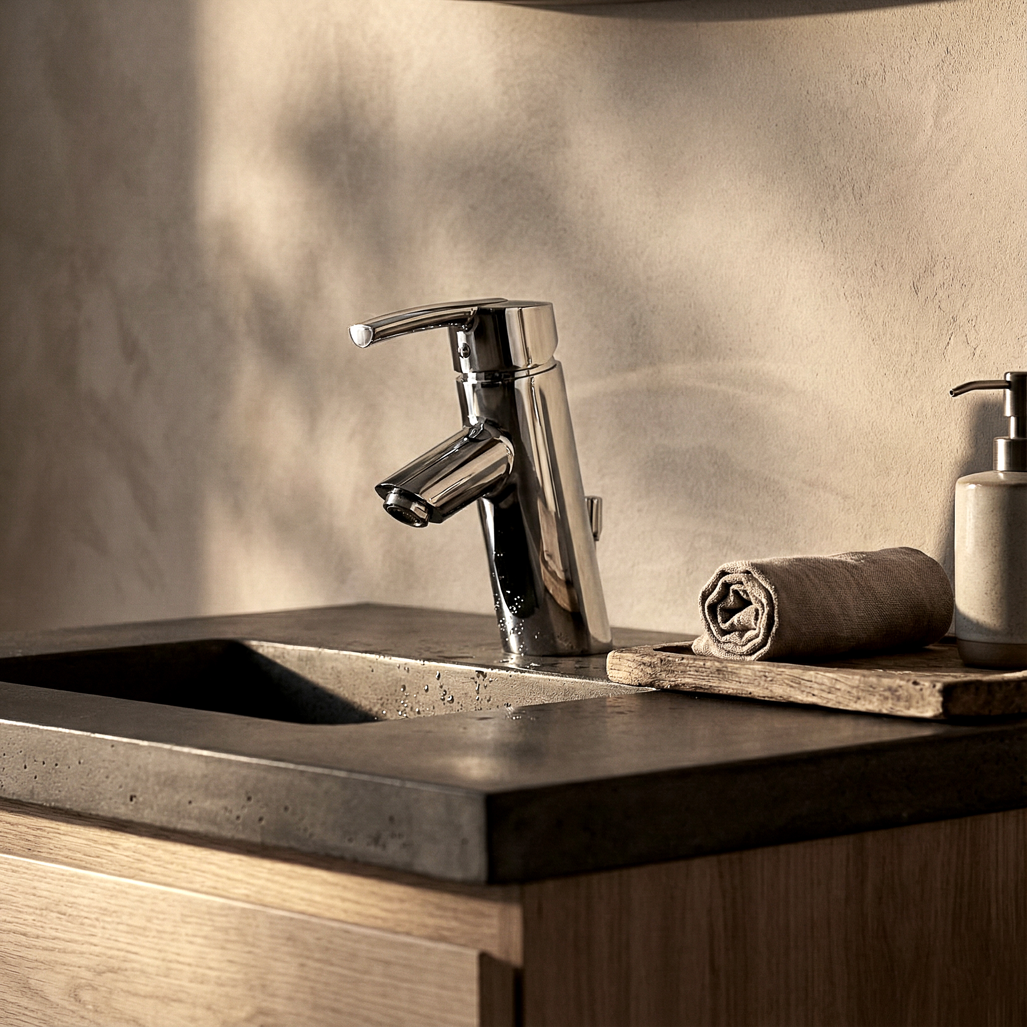 Miscelatore lavabo Vizio su lavabo in cemento con accessori, luce calda e ombre morbide.