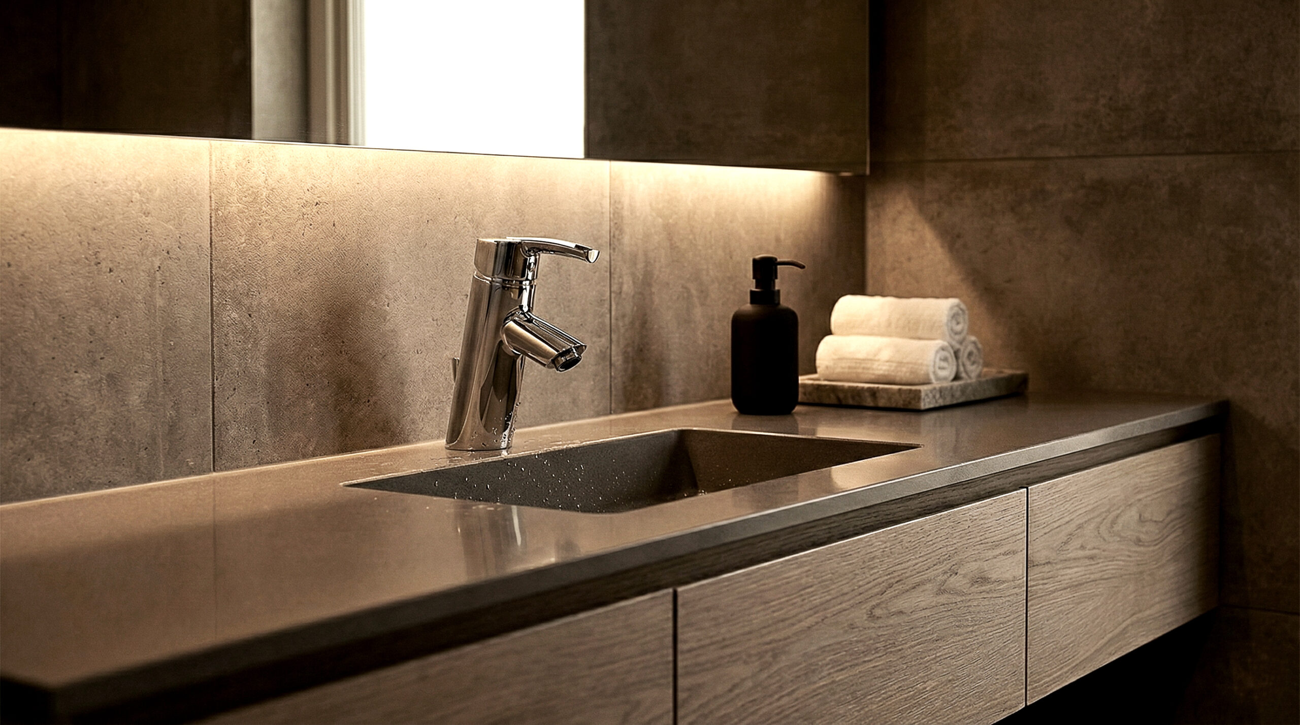 Bagno minimale con mobile lavabo in legno e miscelatore Vizio, illuminazione indiretta.