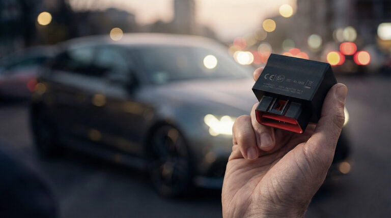 Mano che tiene il dispositivo V-Auto Vodafone davanti a un auto in ambiente urbano.