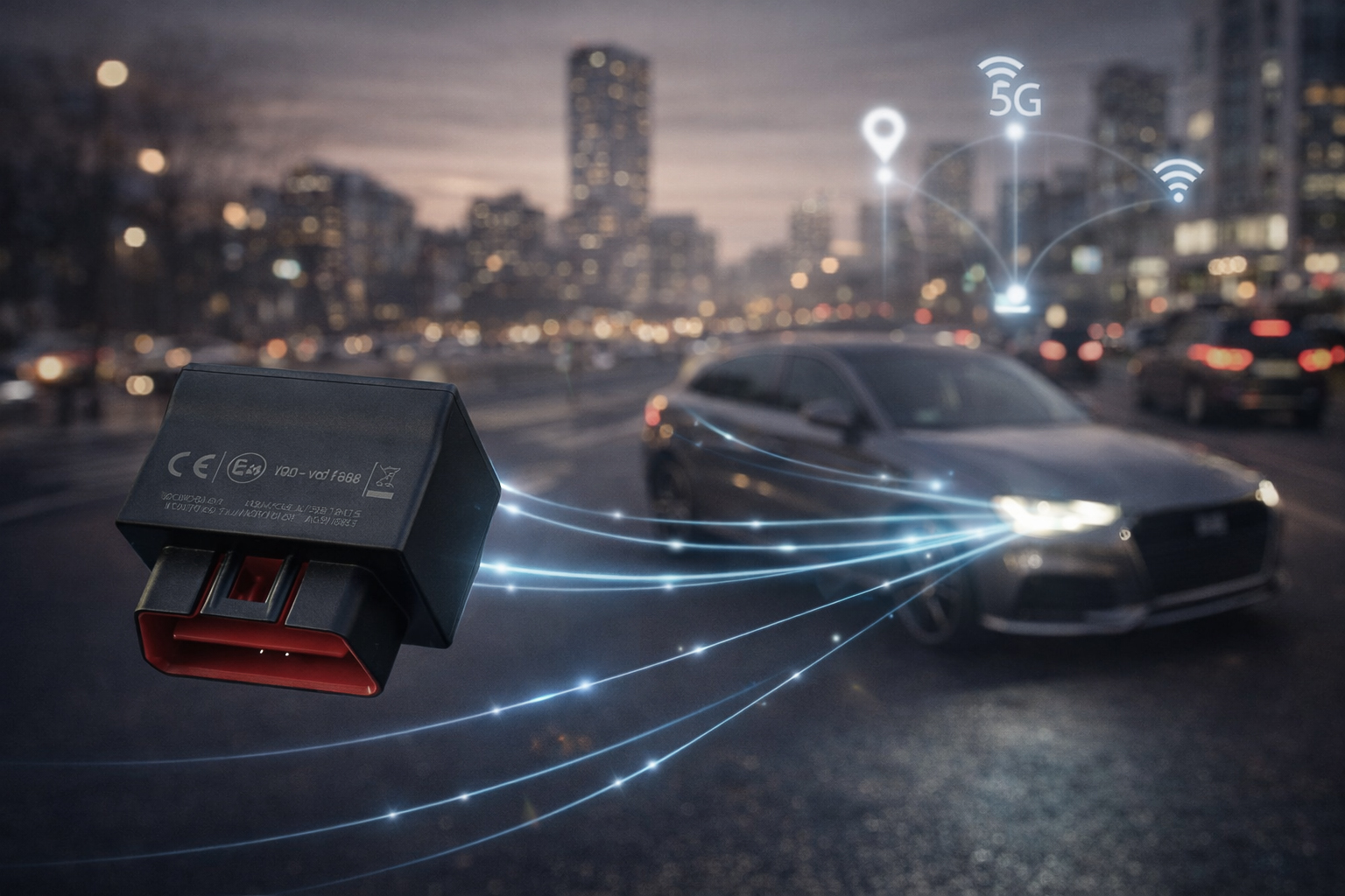 Rendering di V-Auto Vodafone in primo piano, con automobile sullo sfondo urbano e grafiche luminose che evocano connettività, localizzazione e rete mobile.