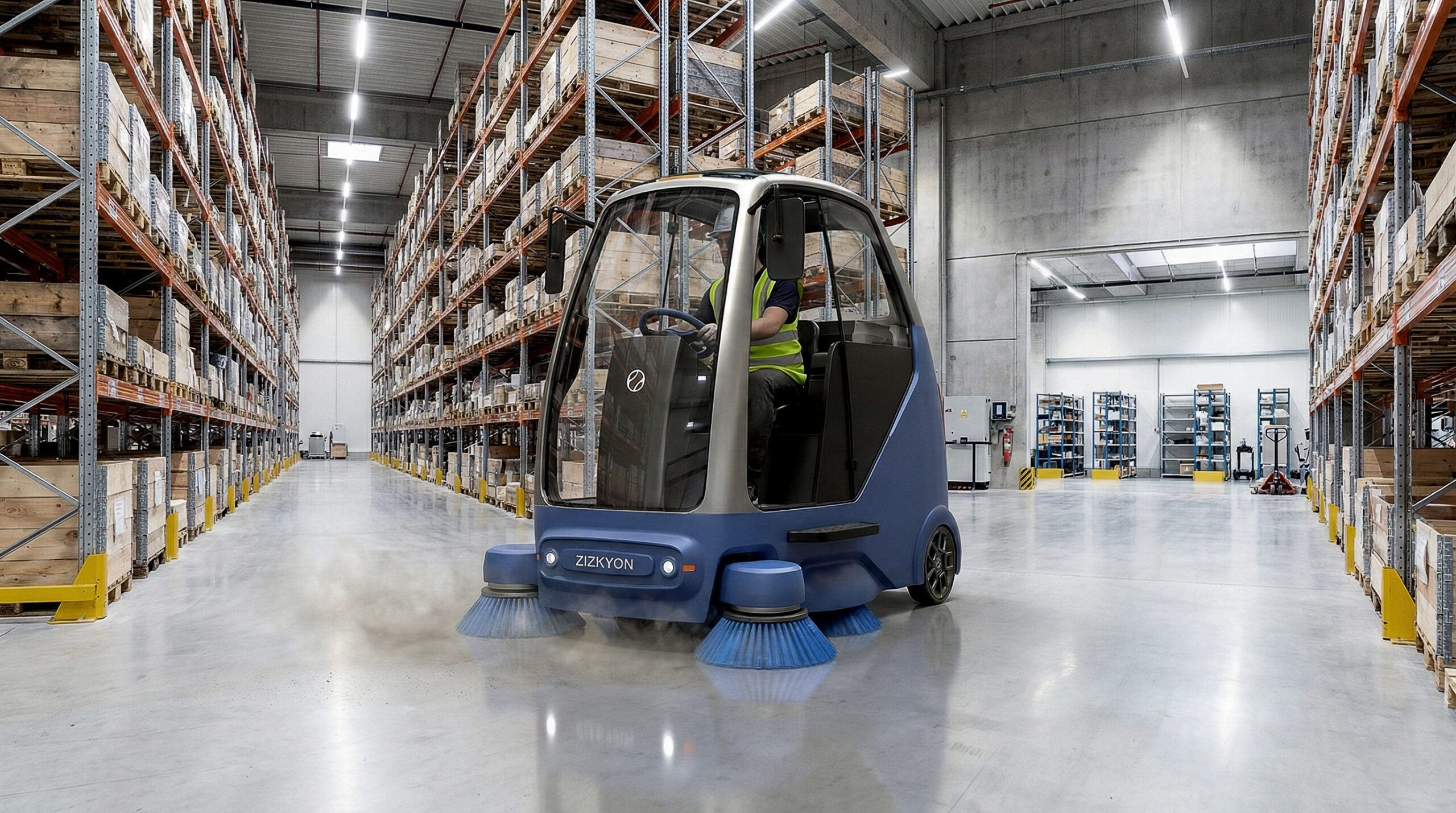 Spazzatrice elettrica Zizkyon 3 Wheels Sweeper in corsia di magazzino, vista frontale con spazzole laterali in azione.