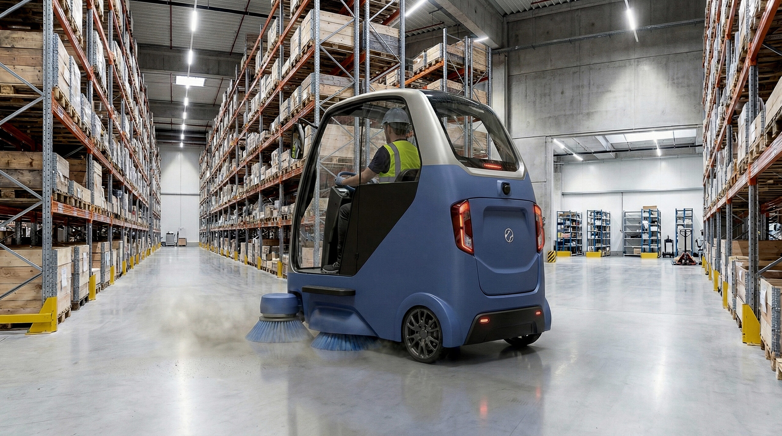 Spazzatrice elettrica Zizkyon 3 Wheels Sweeper in magazzino, vista posteriore con cabina e spazzole in funzione.