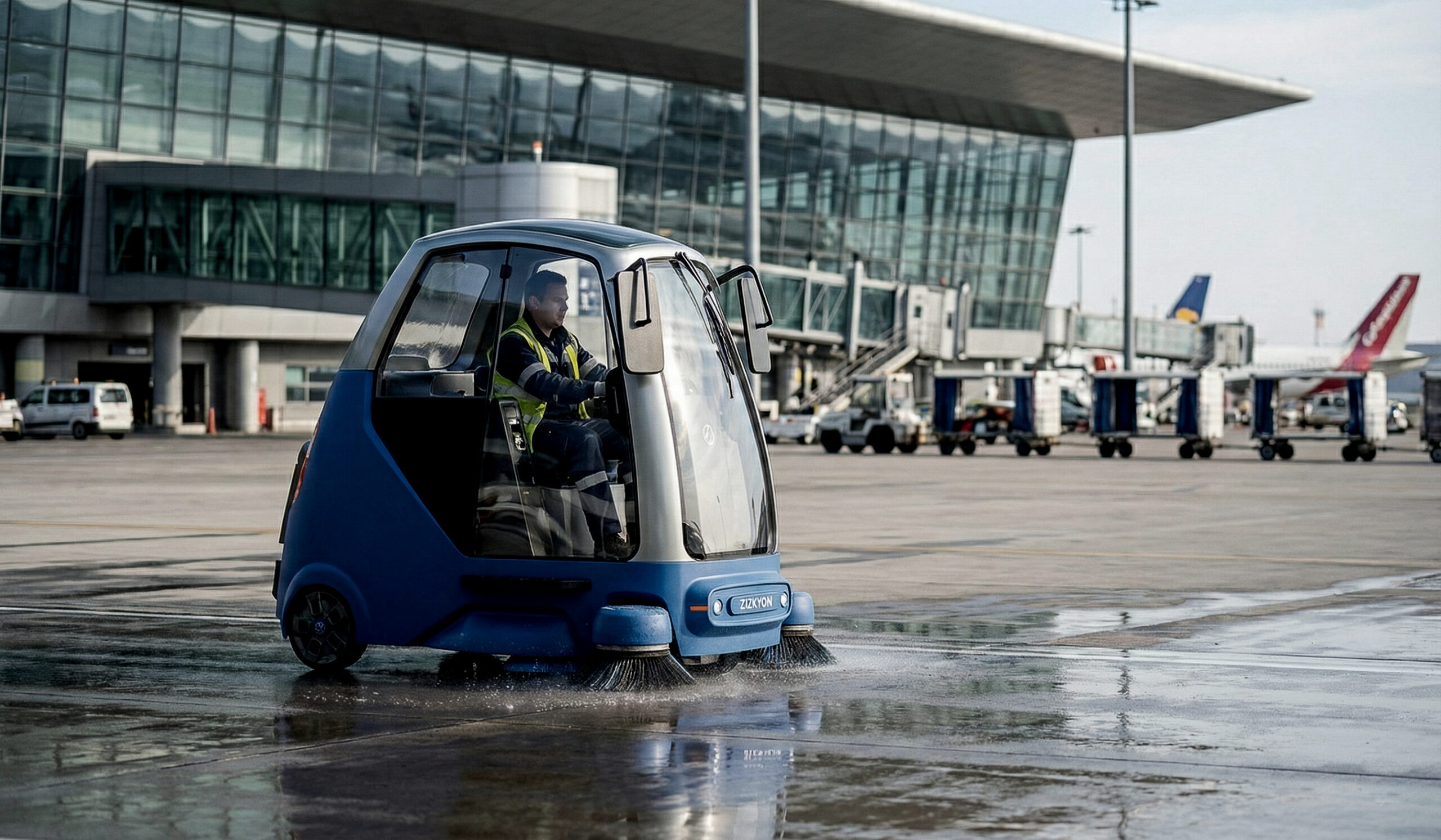 Spazzatrice elettrica Zizkyon 3 Wheels Sweeper su piazzale aeroportuale, vista laterale mentre pulisce una superficie bagnata.