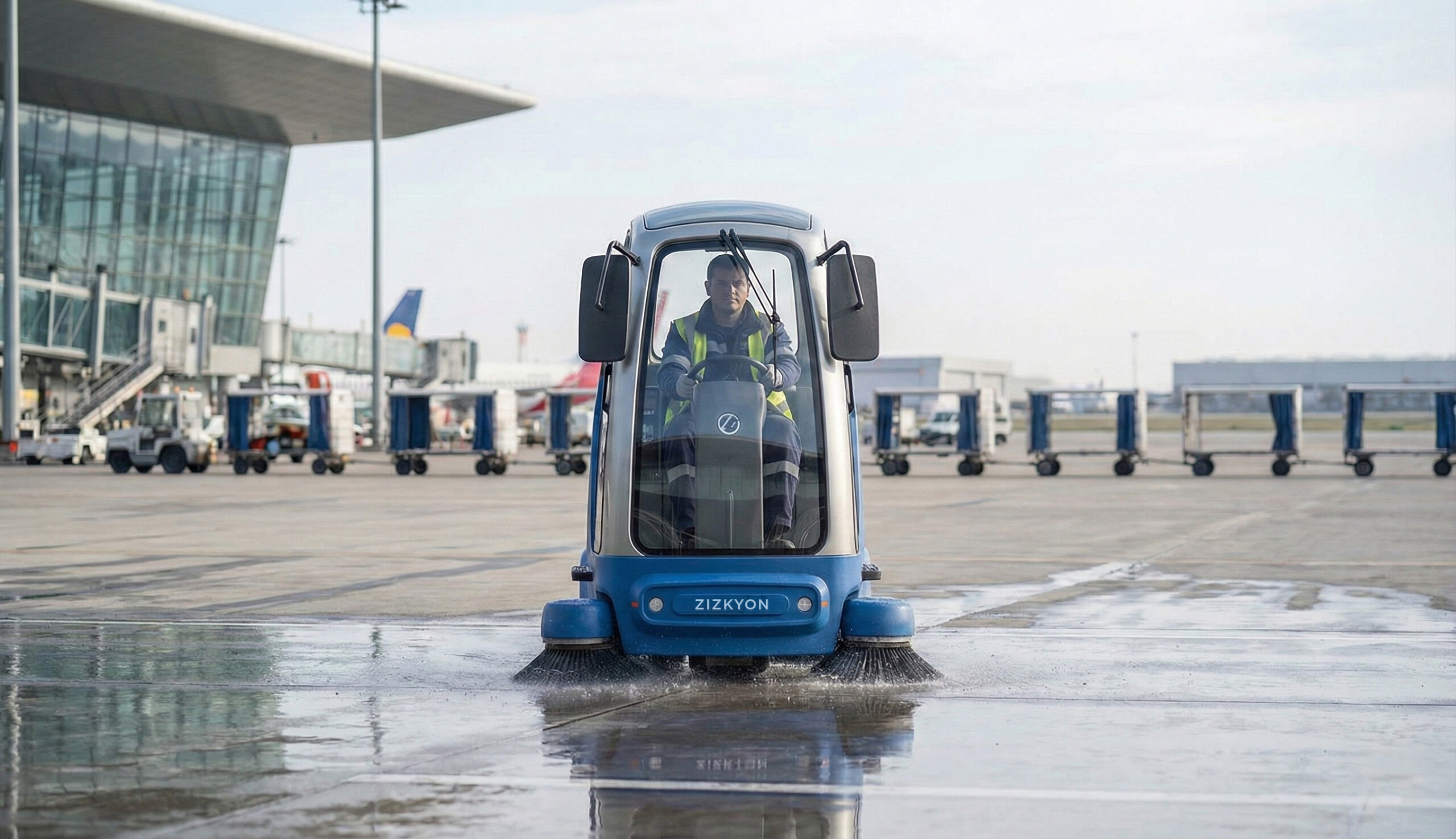 Spazzatrice elettrica Zizkyon 3 Wheels Sweeper vista frontale su piazzale aeroportuale, con cabina e spazzole in azione.