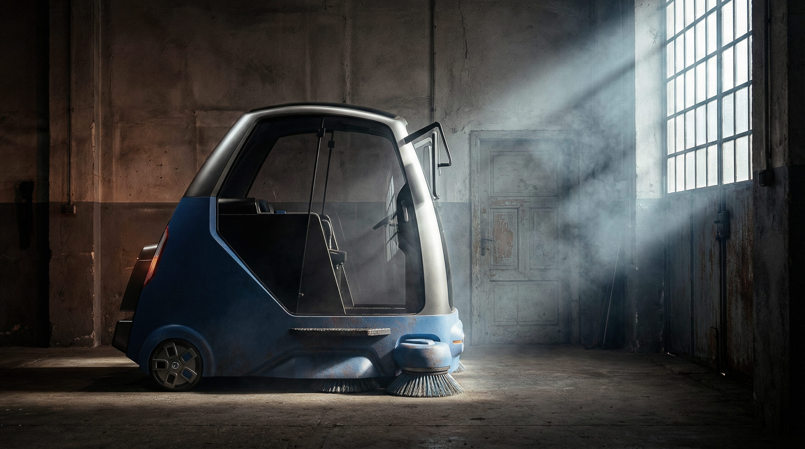 Spazzatrice elettrica Zizkyon 3 Wheels Sweeper in ambiente industriale, vista laterale con luce drammatica e spazzola frontale.