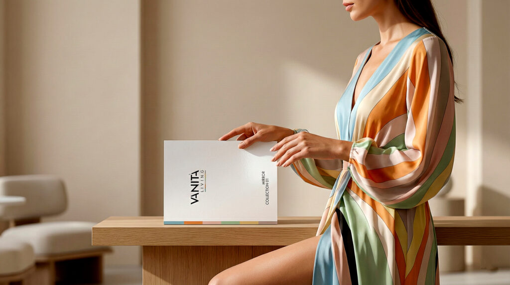 Donna seduta accanto a un tavolo in legno mentre tiene il catalogo Vanità Living con copertina bianca e dettagli cromatici lungo il bordo, in un interno soft e minimale.
