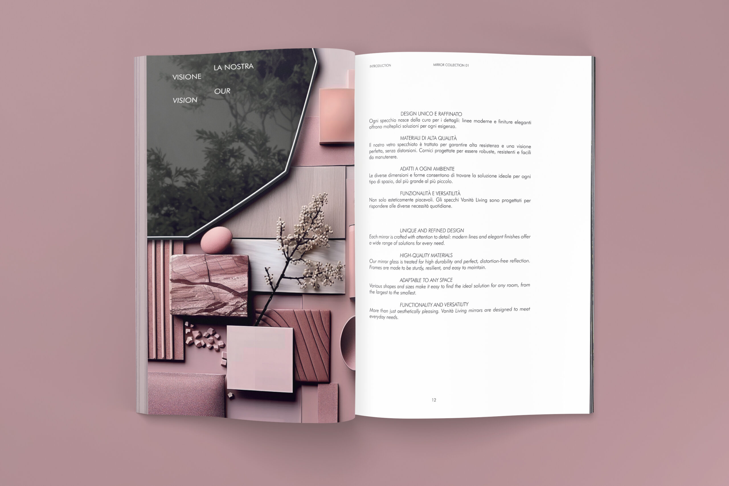 Catalogo aperto su fondo rosa con testo a destra e grande moodboard a sinistra composta da superfici, rami, volumi e dettaglio di specchio.