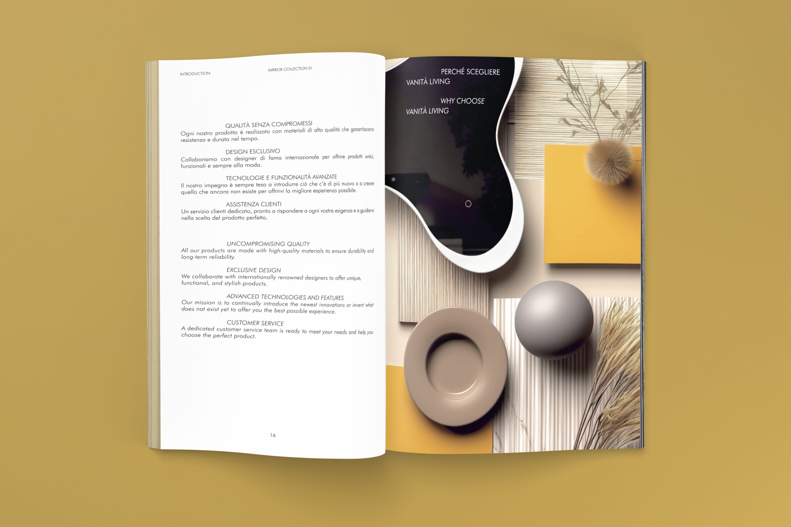 Catalogo aperto su fondo giallo ocra con testo a sinistra e composizione a destra che include uno specchio sagomato, superfici rigate e oggetti neutri.