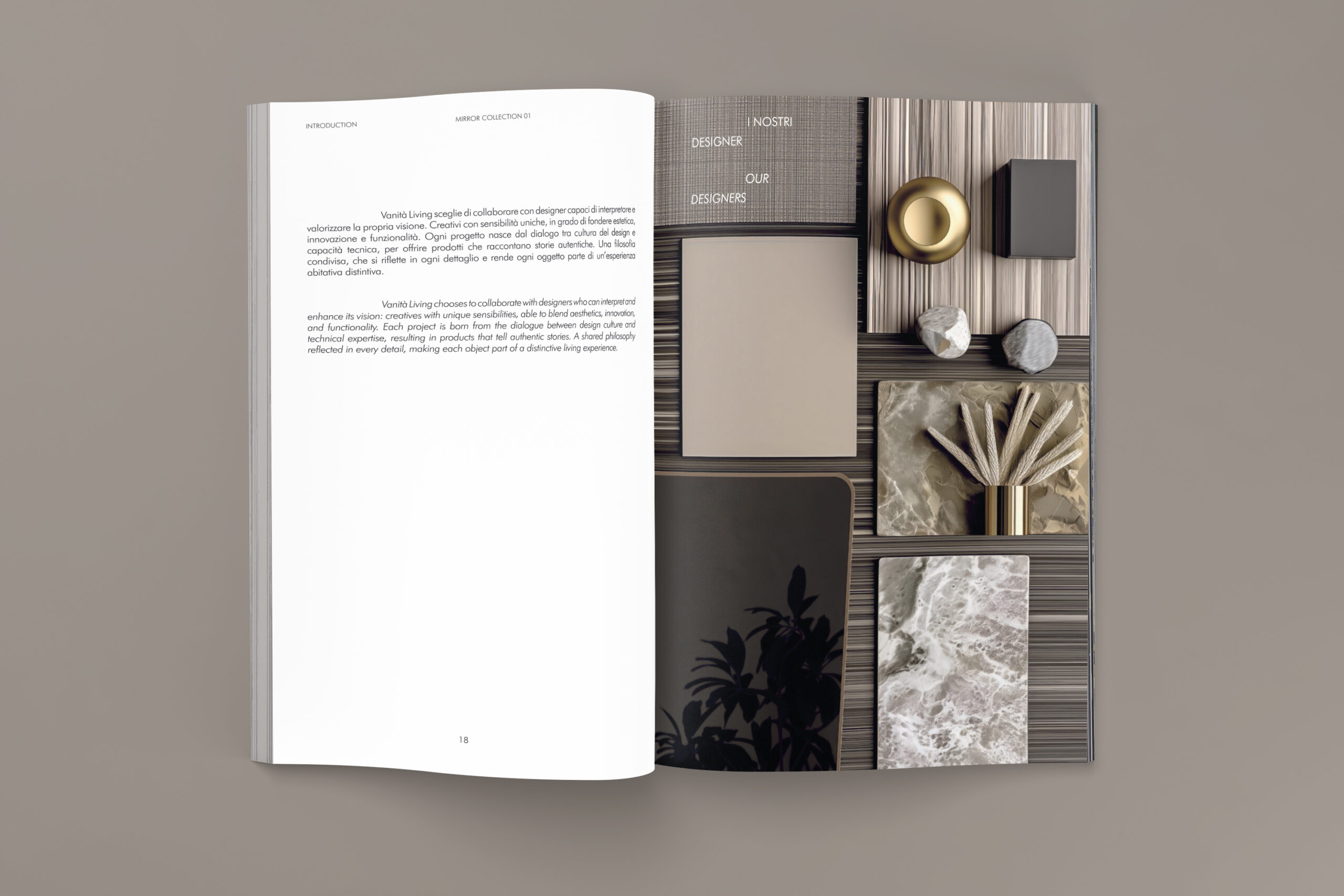 Catalogo aperto su fondo grigio-tortora con testo a sinistra e moodboard a destra composta da superfici tessili, pietre, metalli e materiali naturali.