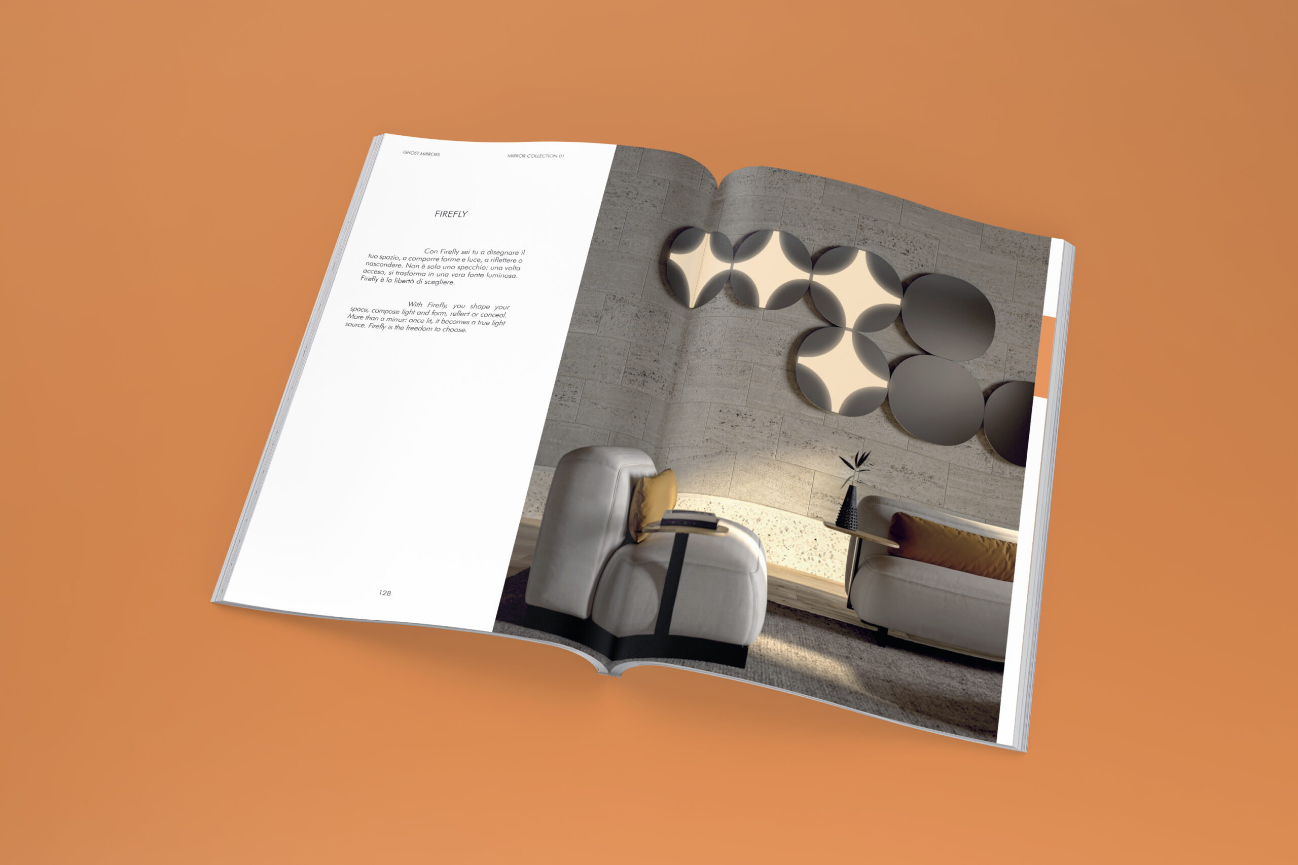 Catalogo aperto su fondo arancio con pagina dedicata al sistema specchiante Firefly, mostrato in ambientazione interna con divani chiari e parete in pietra.
