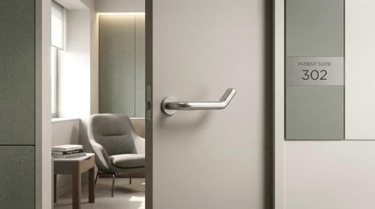 Maniglia Elby su porta di stanza ospedaliera con segnaletica patient suite, ambiente pulito e luminoso