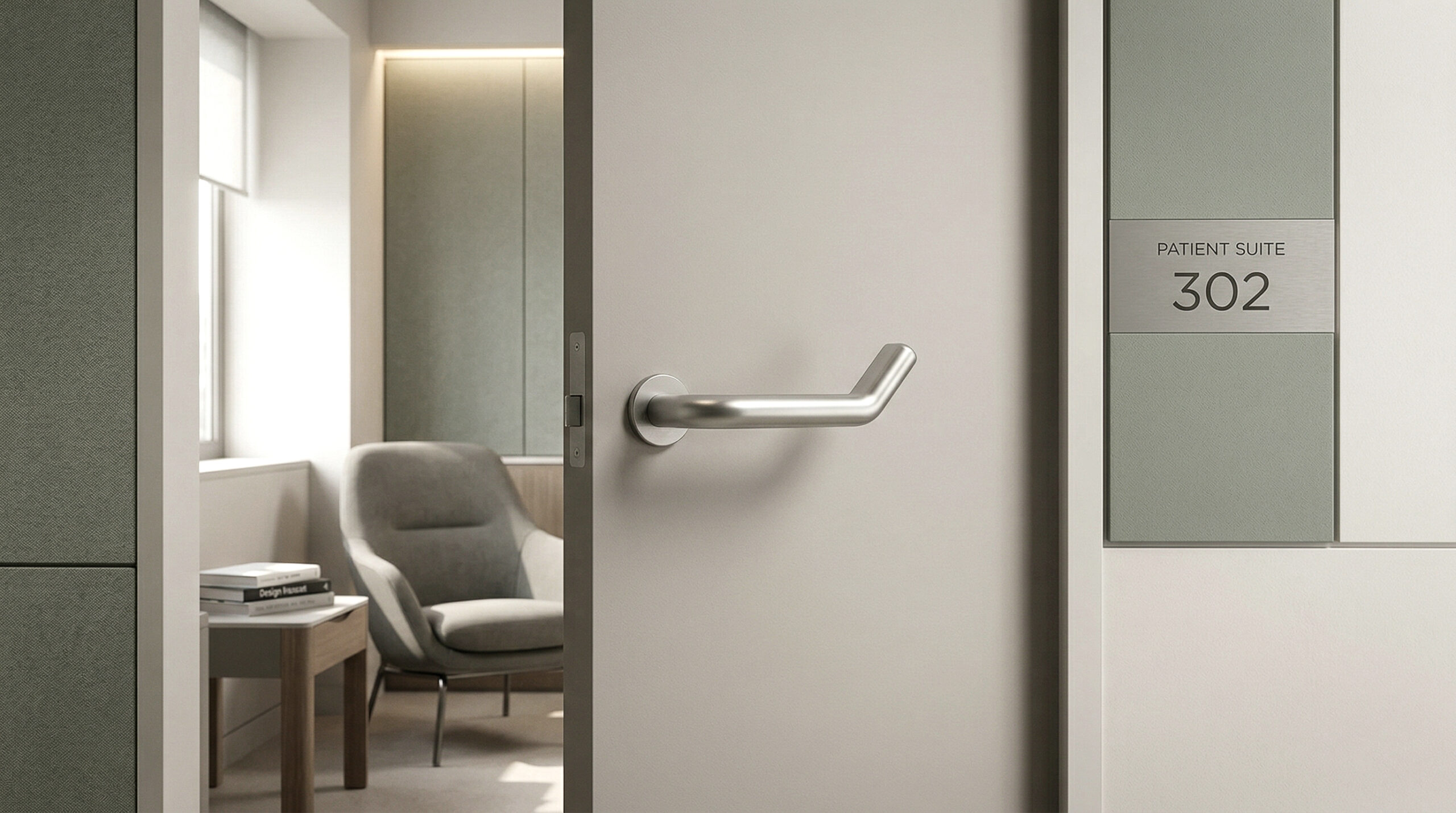 Maniglia Elby su porta di stanza ospedaliera con segnaletica patient suite, ambiente pulito e luminoso